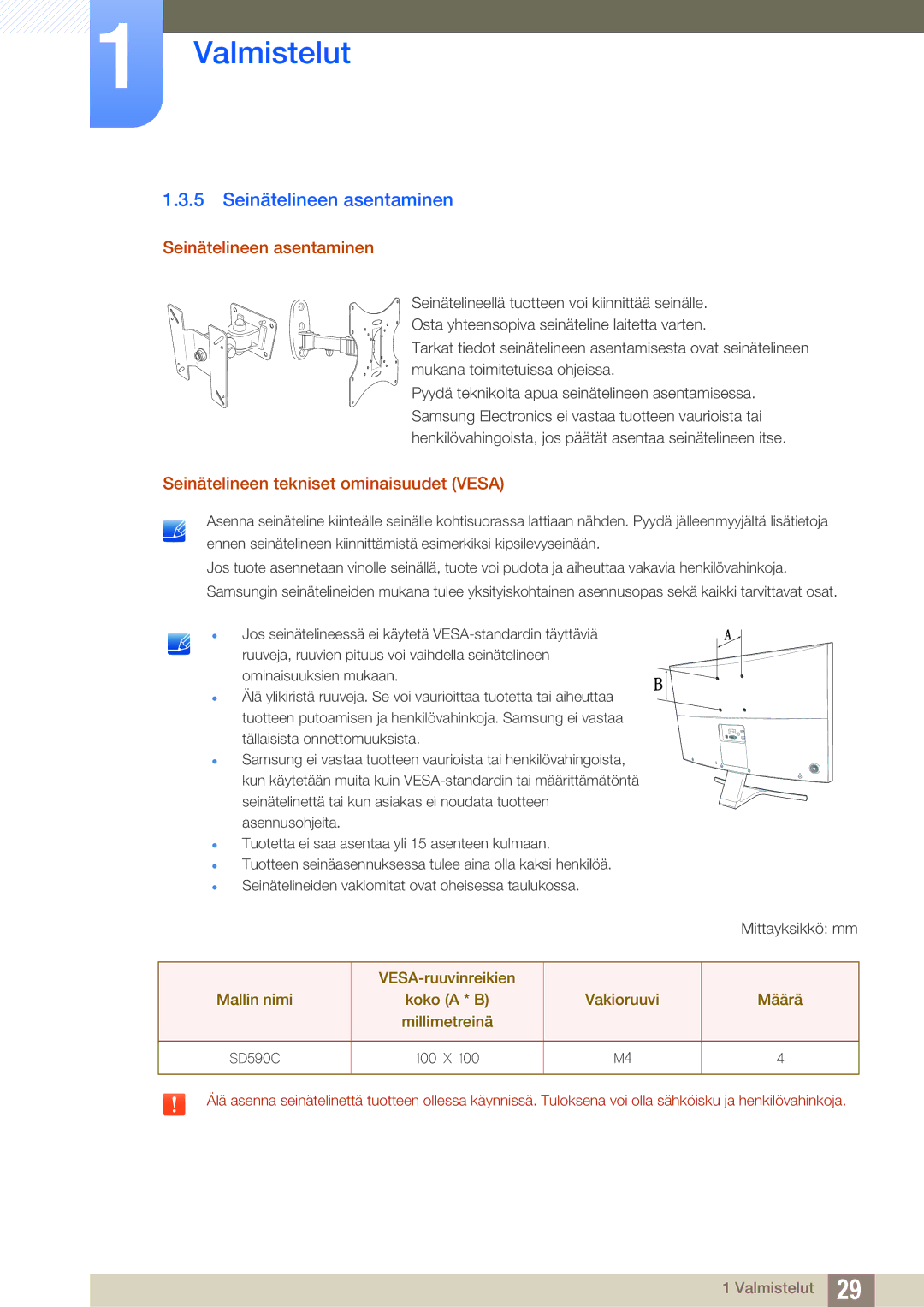 Samsung LS27D590CS/EN manual Seinätelineen asentaminen, Seinätelineen tekniset ominaisuudet Vesa 