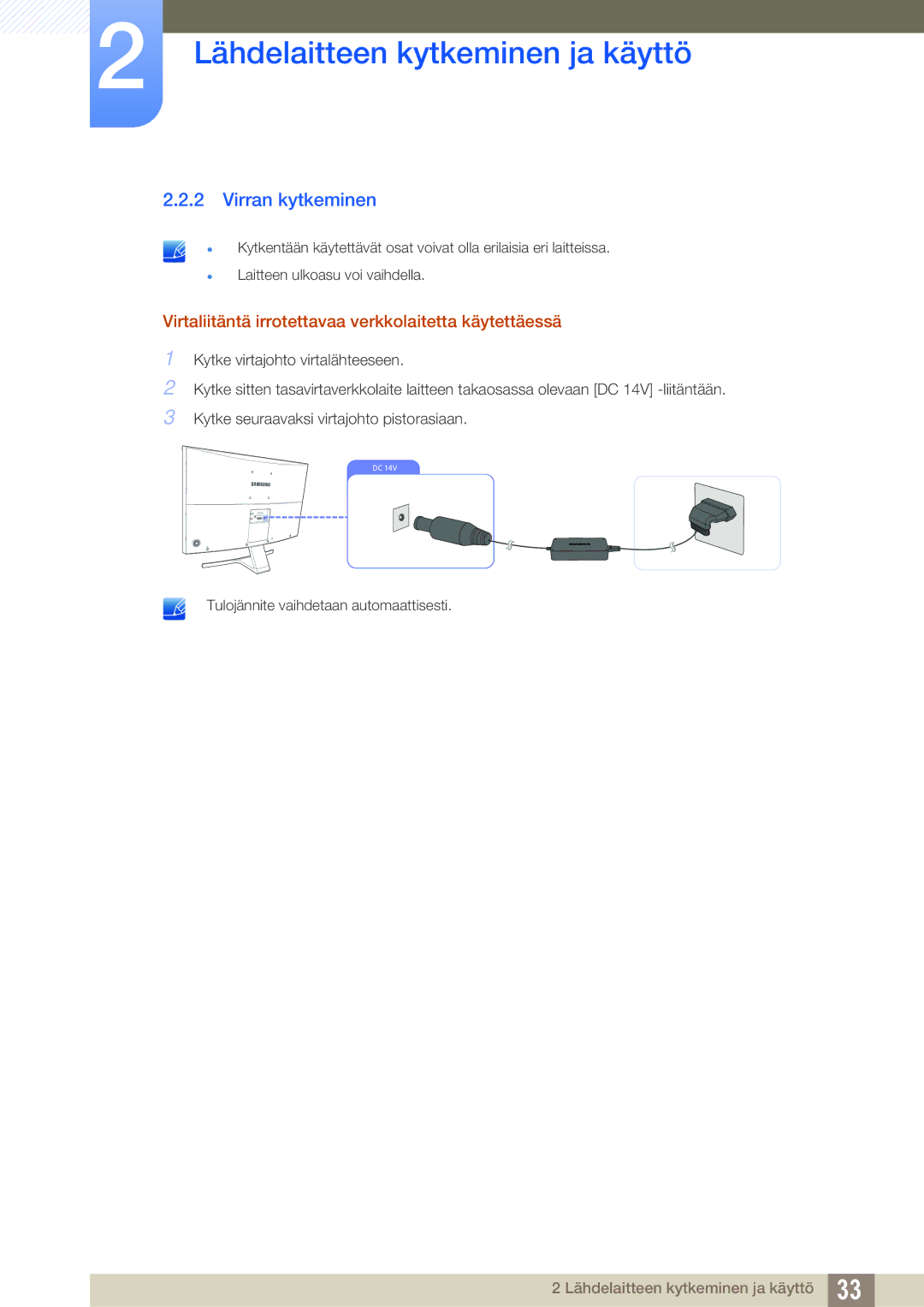 Samsung LS27D590CS/EN manual Virran kytkeminen, Virtaliitäntä irrotettavaa verkkolaitetta käytettäessä 