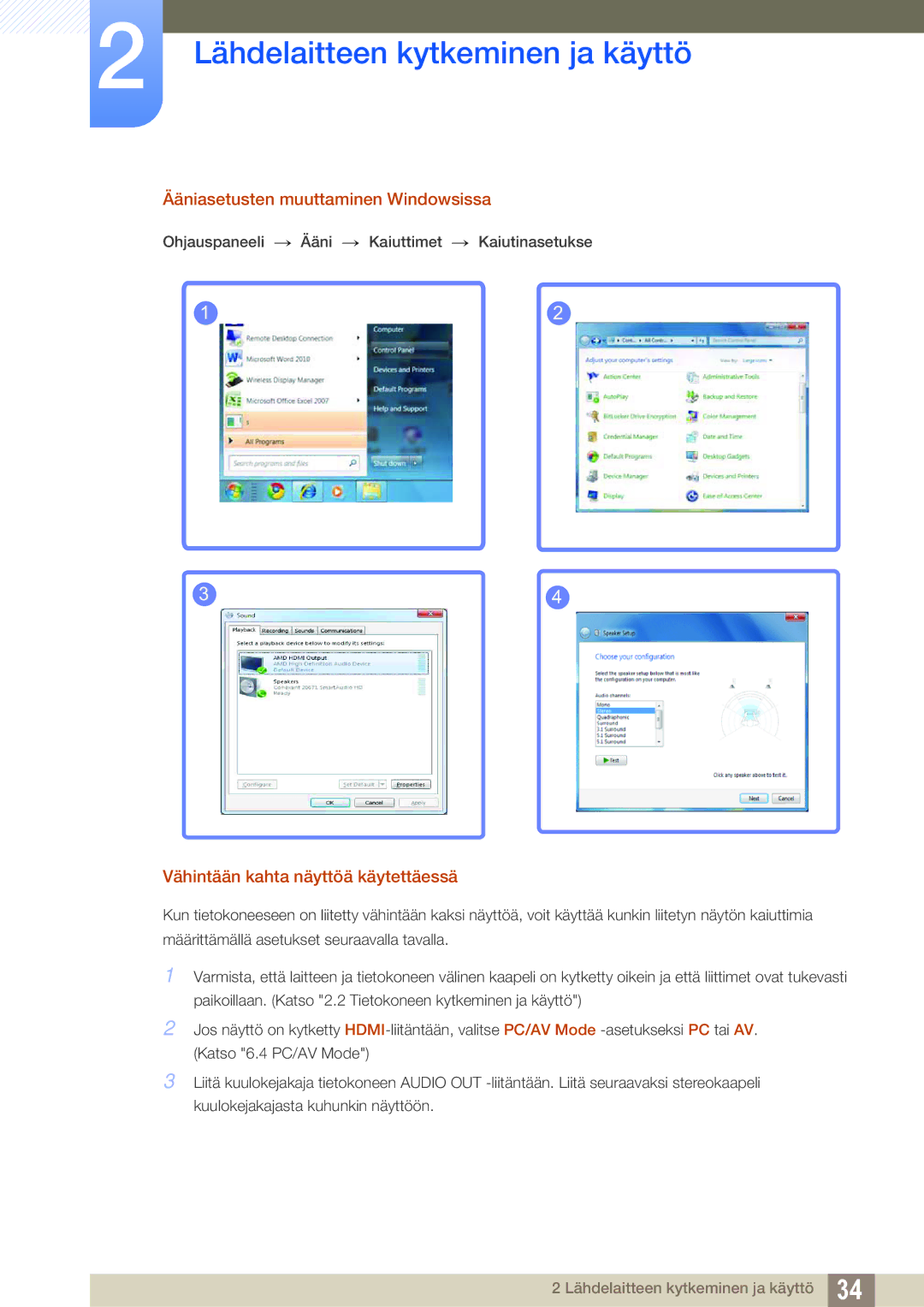 Samsung LS27D590CS/EN manual Ääniasetusten muuttaminen Windowsissa, Vähintään kahta näyttöä käytettäessä 