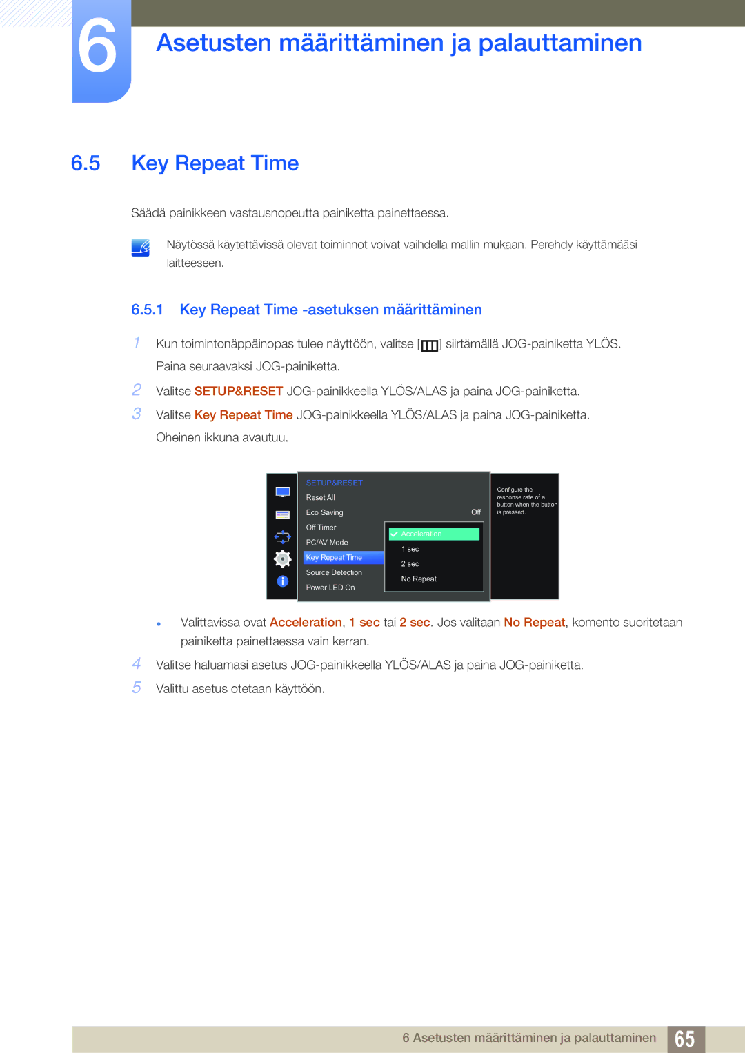 Samsung LS27D590CS/EN manual Key Repeat Time -asetuksen määrittäminen 