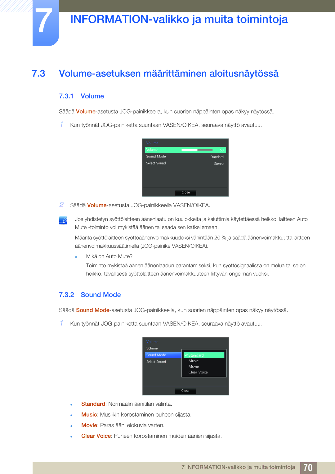 Samsung LS27D590CS/EN manual Volume-asetuksen määrittäminen aloitusnäytössä, Sound Mode 