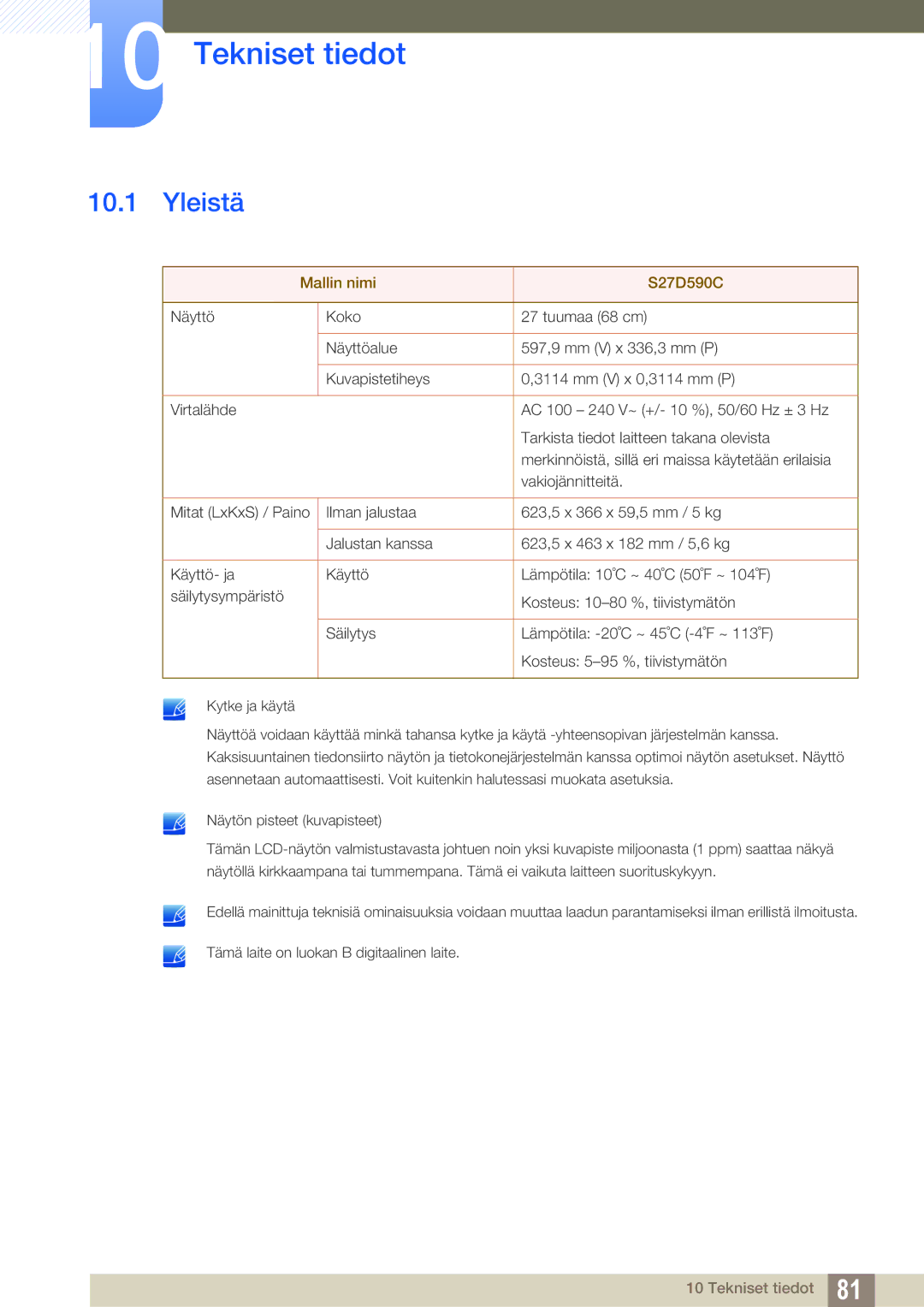 Samsung LS27D590CS/EN manual Tekniset tiedot, Yleistä 