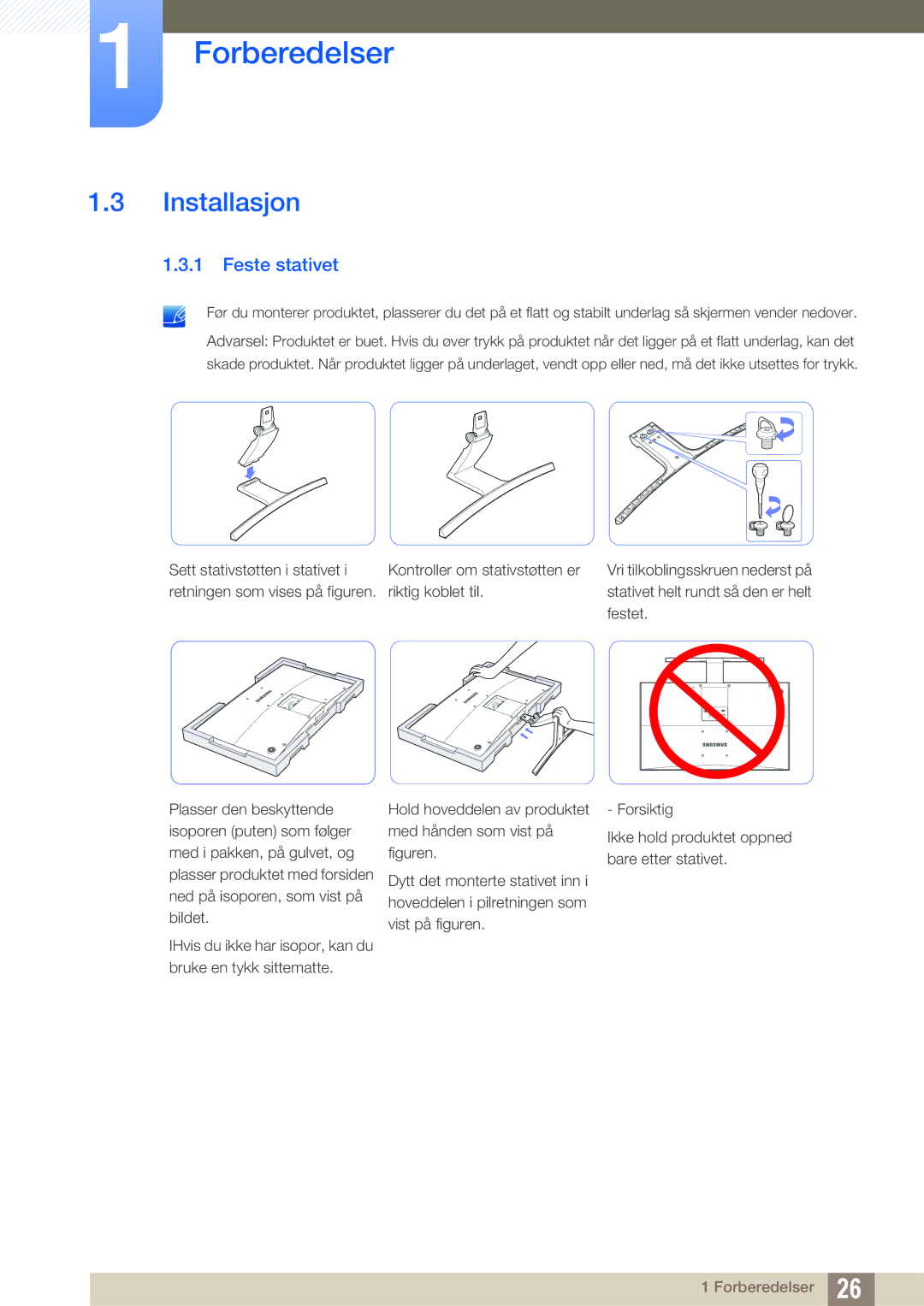 Samsung LS27D590CS/EN manual Installasjon, Feste stativet 