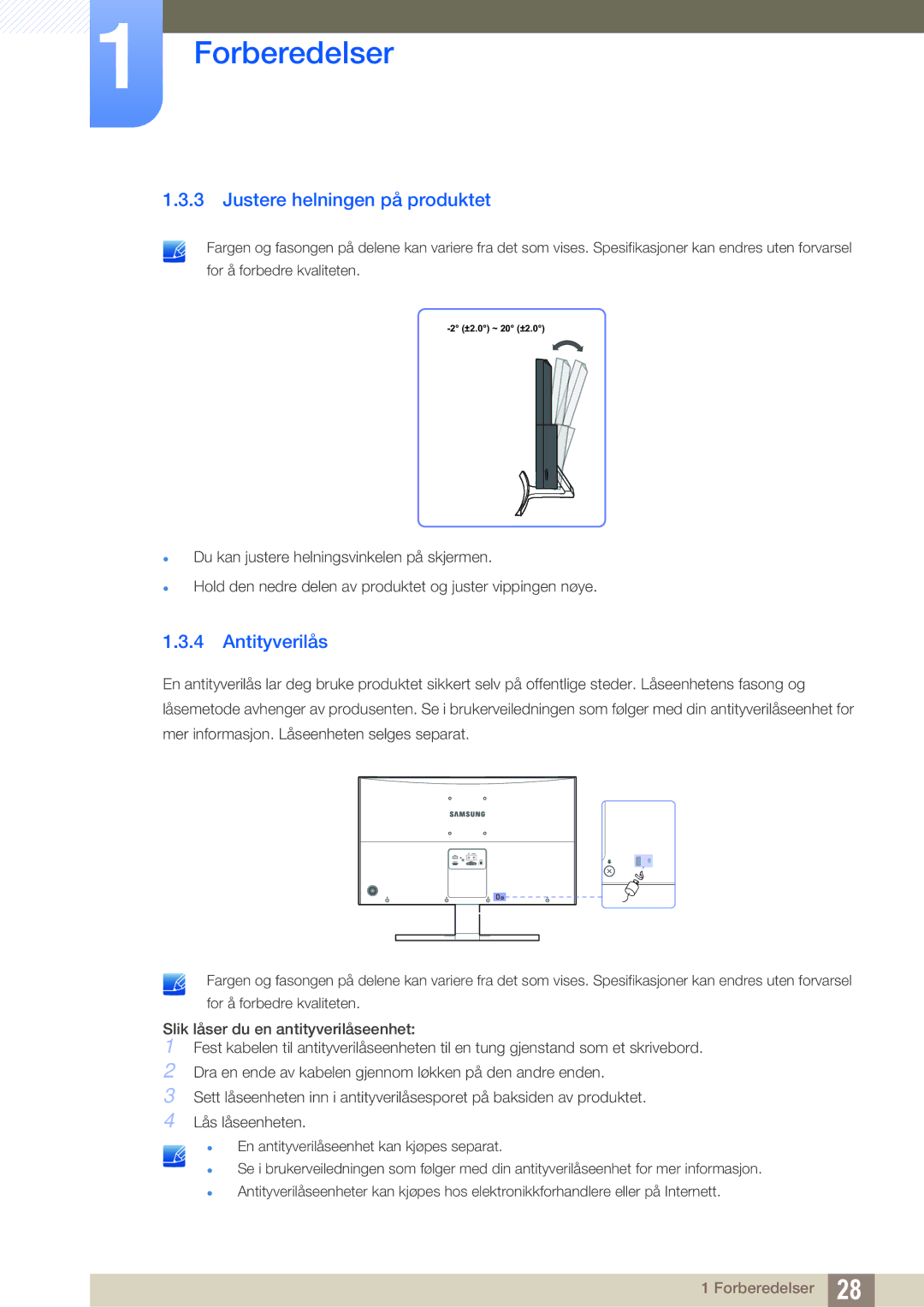 Samsung LS27D590CS/EN manual Justere helningen på produktet, Antityverilås 