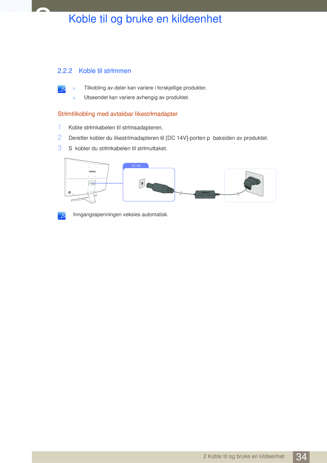 Samsung LS27D590CS/EN manual Koble til strømmen, Strømtilkobling med avtakbar likestrømadapter 