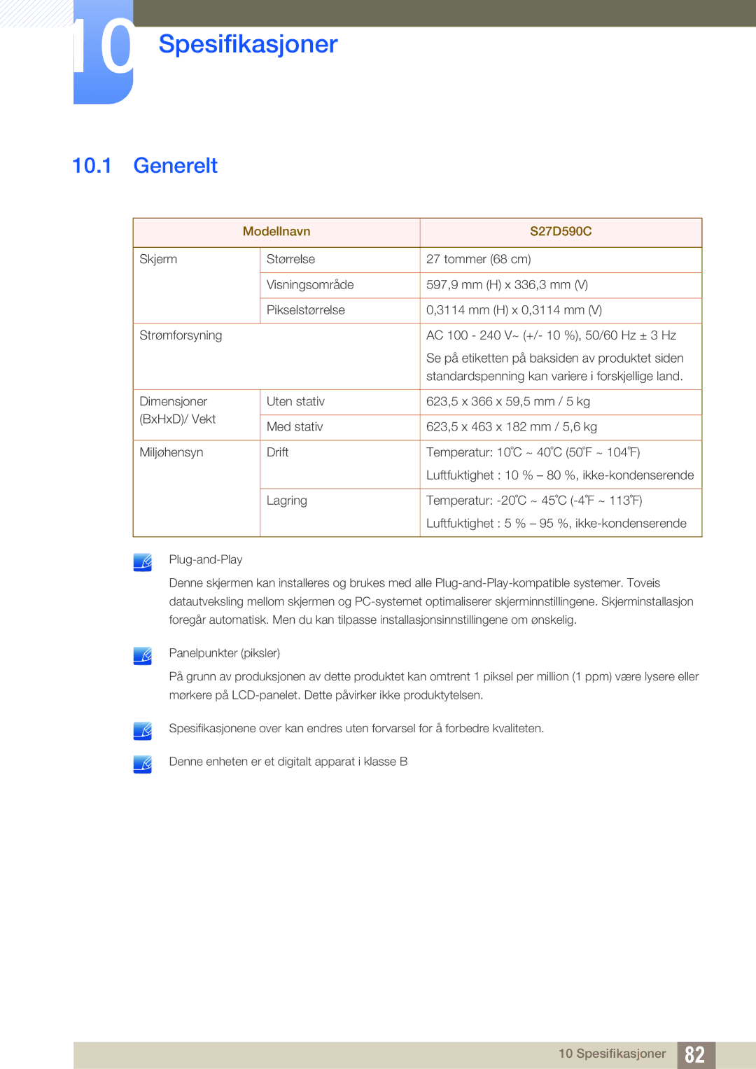 Samsung LS27D590CS/EN manual Spesifikasjoner, Generelt 