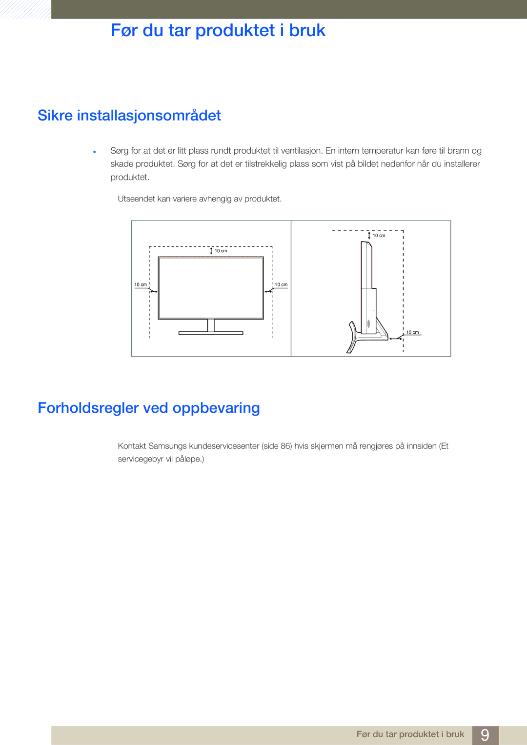 Samsung LS27D590CS/EN manual Sikre installasjonsområdet, Forholdsregler ved oppbevaring 