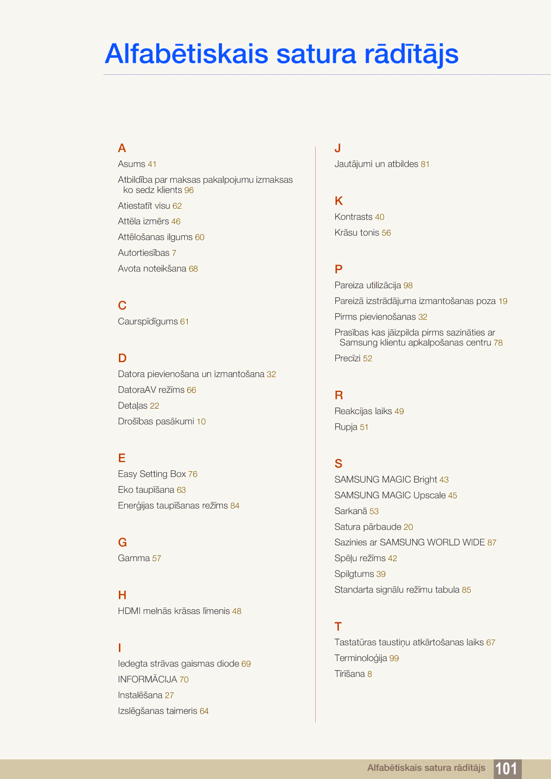 Samsung LS27D590CS/EN manual Alfabētiskais satura rādītājs 