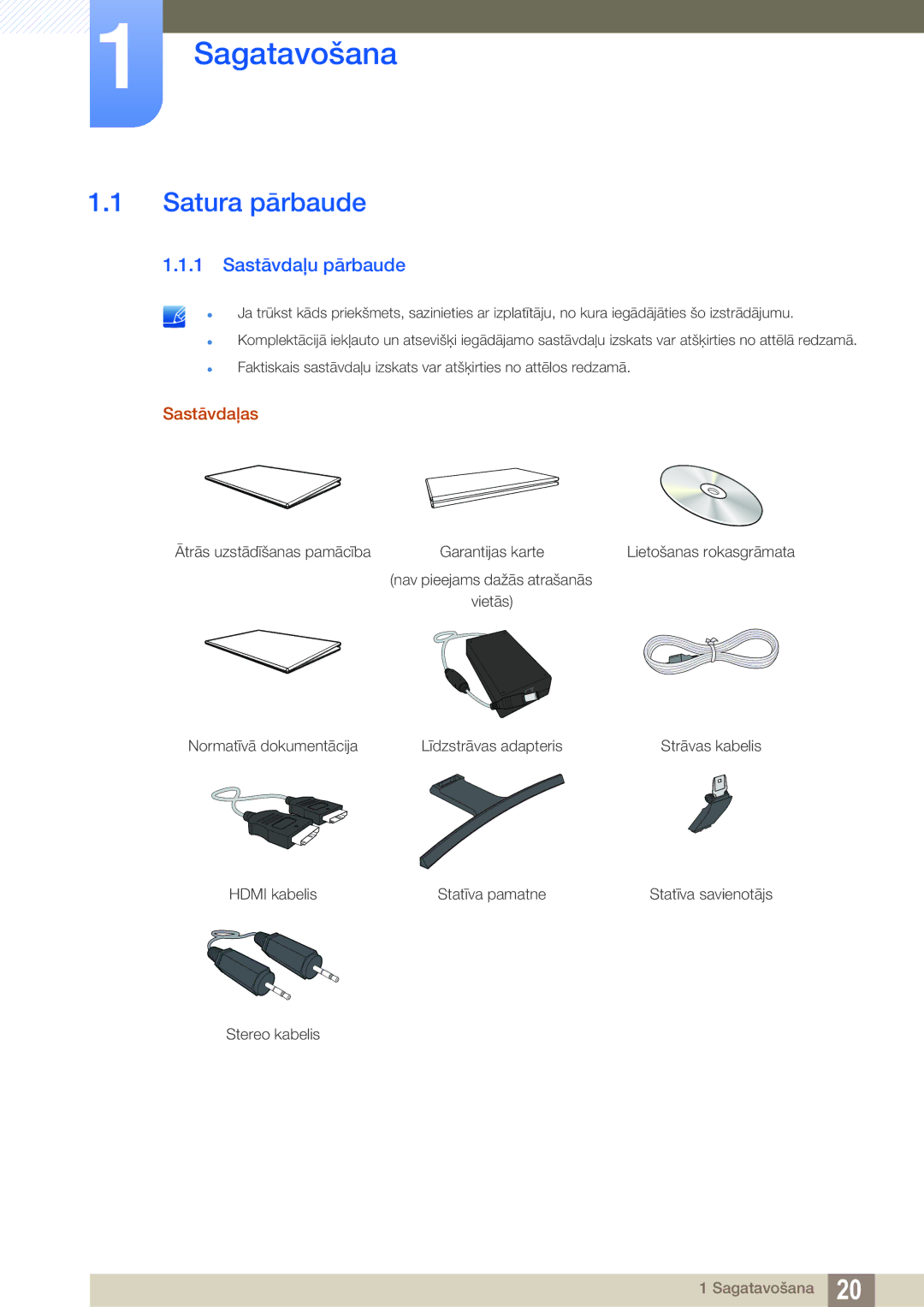 Samsung LS27D590CS/EN manual Sagatavošana, Satura pārbaude, Sastāvdaļu pārbaude, Sastāvdaļas 