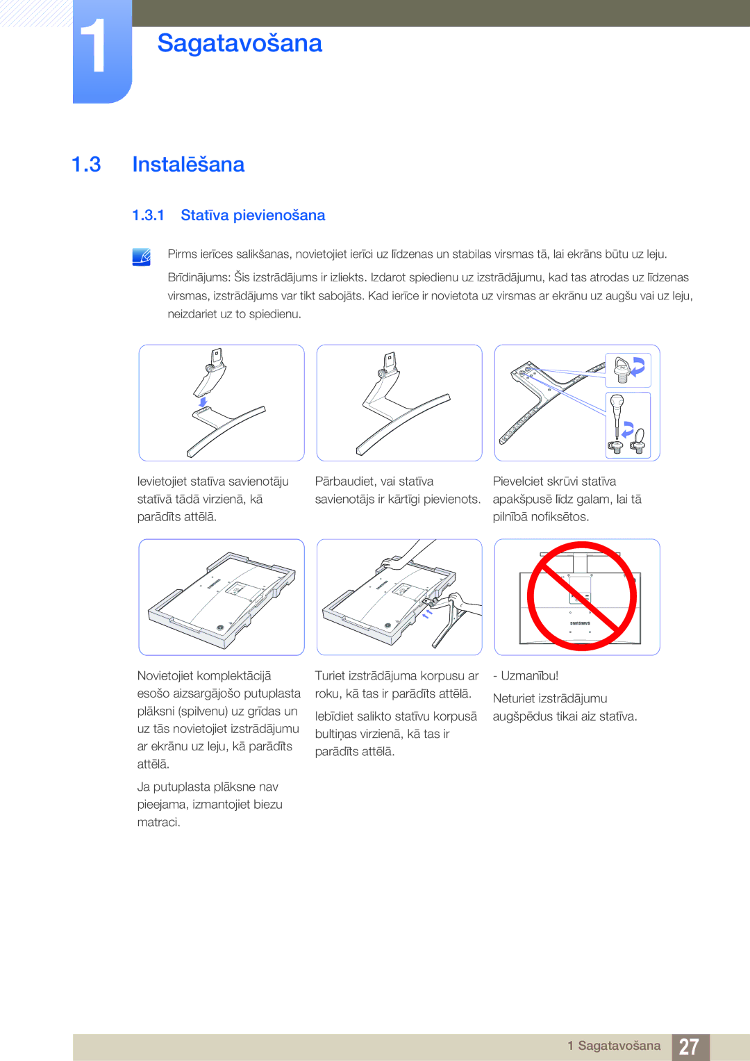 Samsung LS27D590CS/EN manual Instalēšana, Statīva pievienošana 