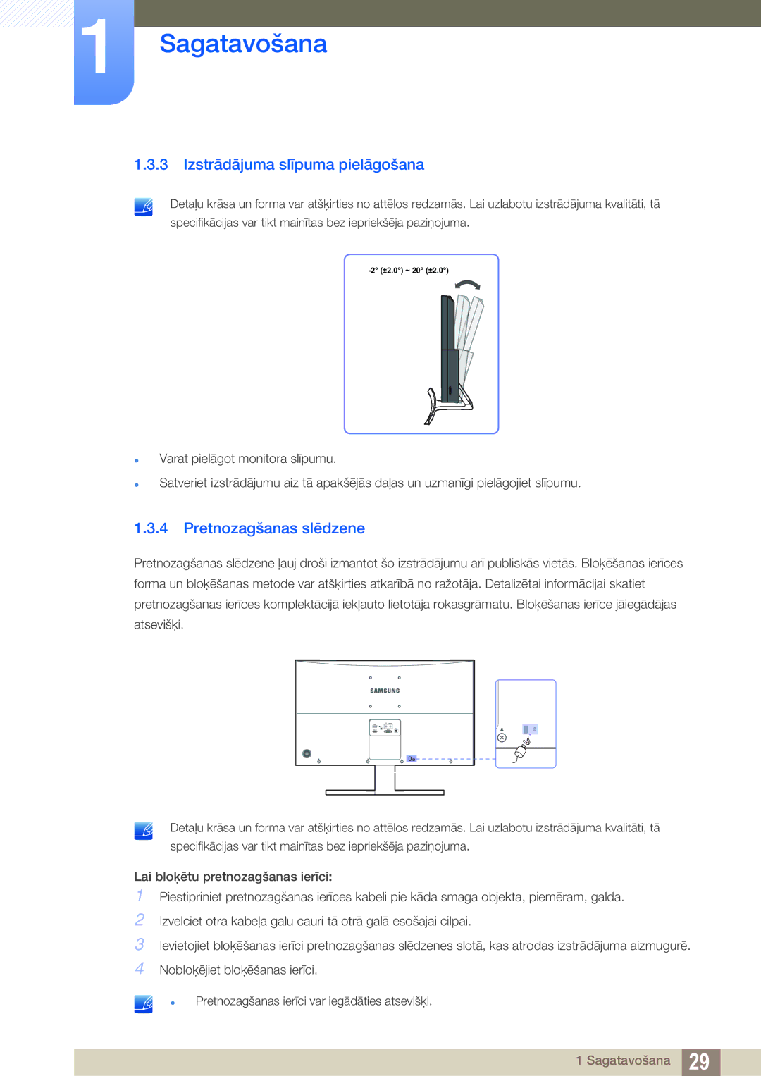 Samsung LS27D590CS/EN manual Izstrādājuma slīpuma pielāgošana, Pretnozagšanas slēdzene 