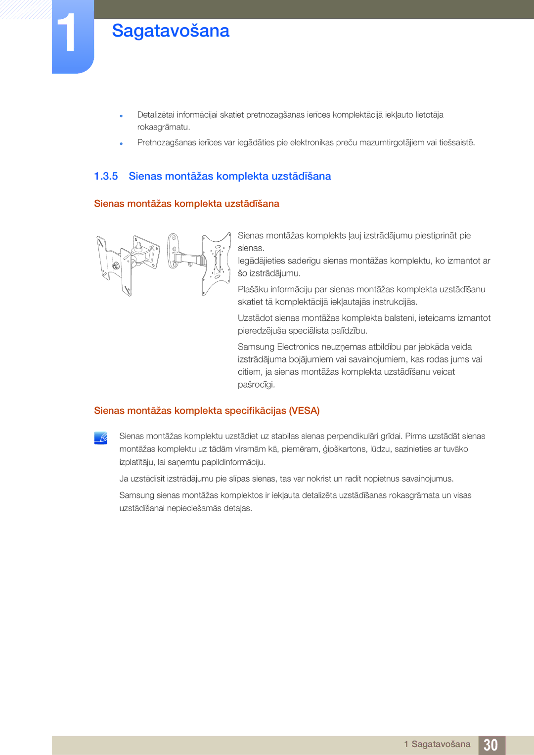 Samsung LS27D590CS/EN manual Sienas montāžas komplekta uzstādīšana, Sienas montāžas komplekta specifikācijas Vesa 