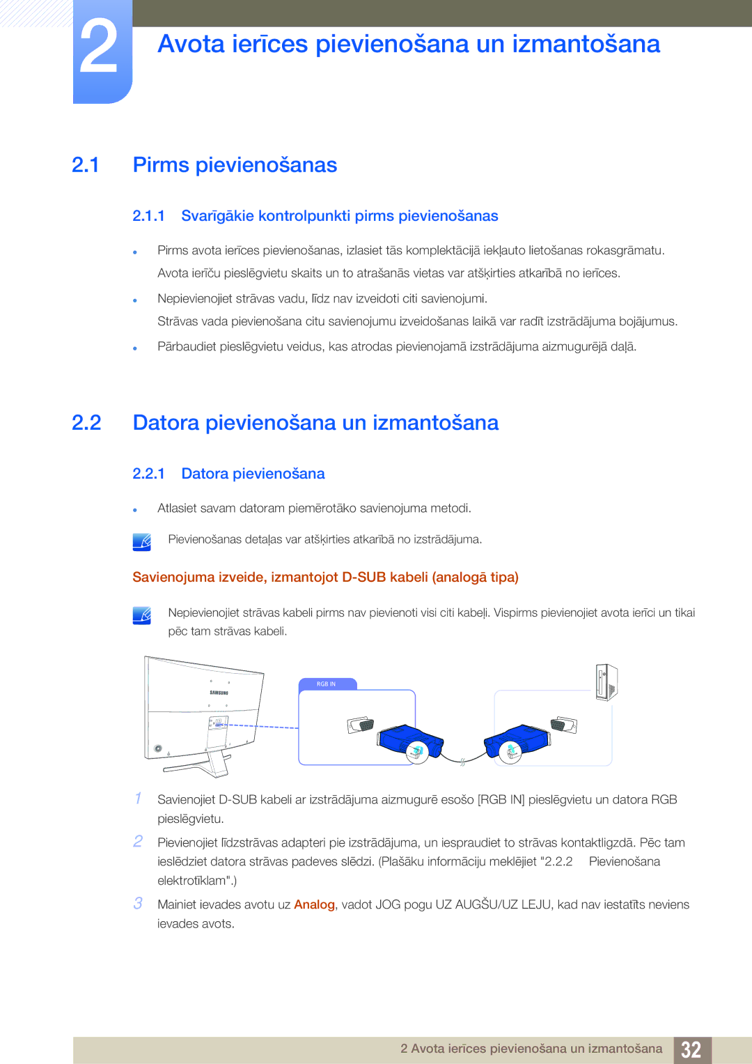 Samsung LS27D590CS/EN Avota ierīces pievienošana un izmantošana, Pirms pievienošanas, Datora pievienošana un izmantošana 