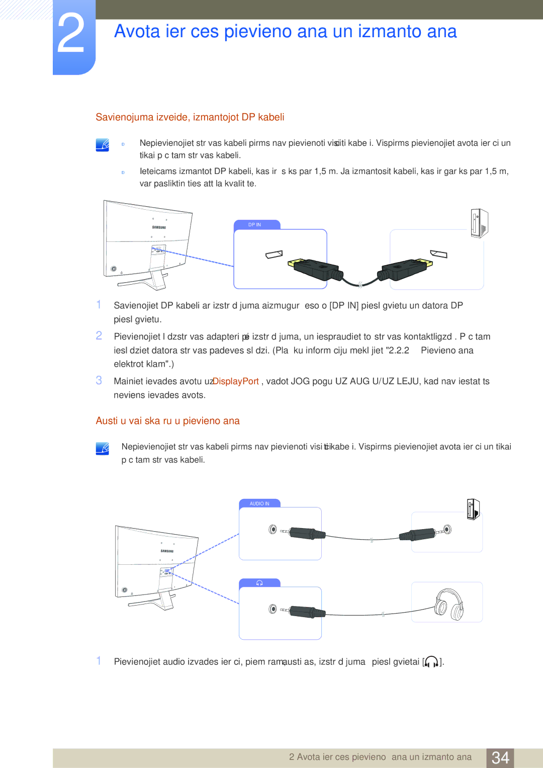 Samsung LS27D590CS/EN manual Savienojuma izveide, izmantojot DP kabeli, Austiņu vai skaļruņu pievienošana 