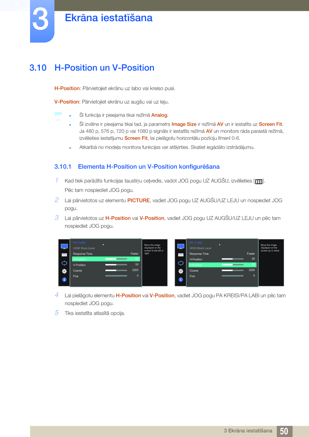 Samsung LS27D590CS/EN manual Elementa H-Position un V-Position konfigurēšana 