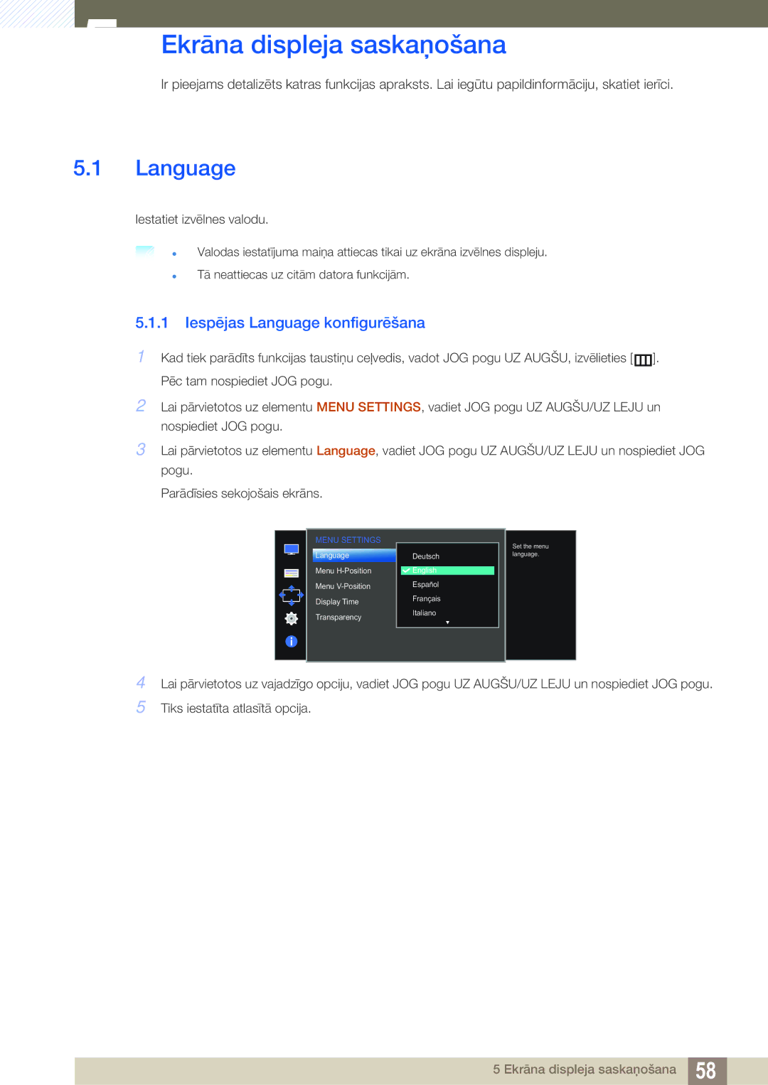 Samsung LS27D590CS/EN manual Ekrāna displeja saskaņošana, Iespējas Language konfigurēšana 