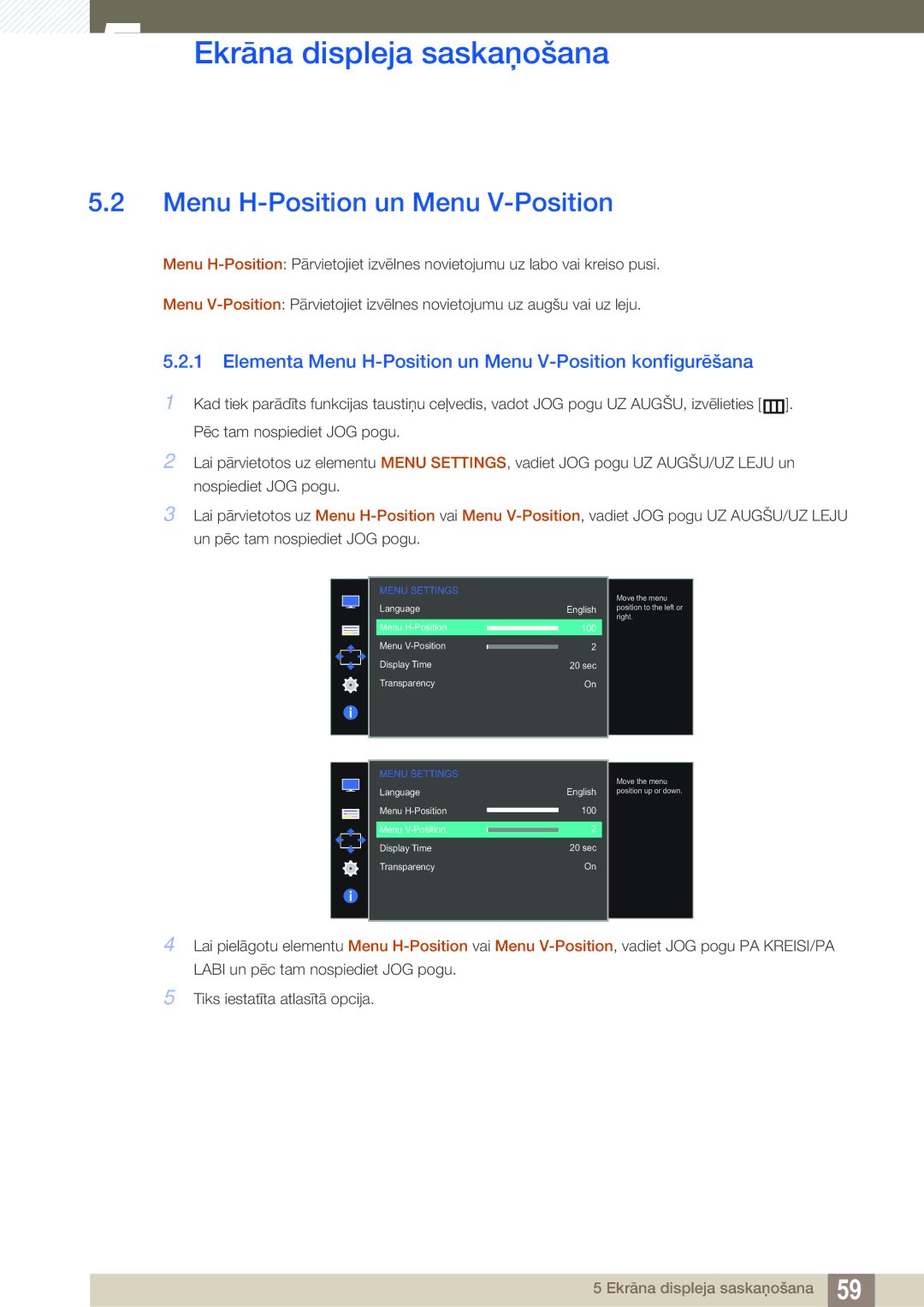 Samsung LS27D590CS/EN manual Elementa Menu H-Position un Menu V-Position konfigurēšana 