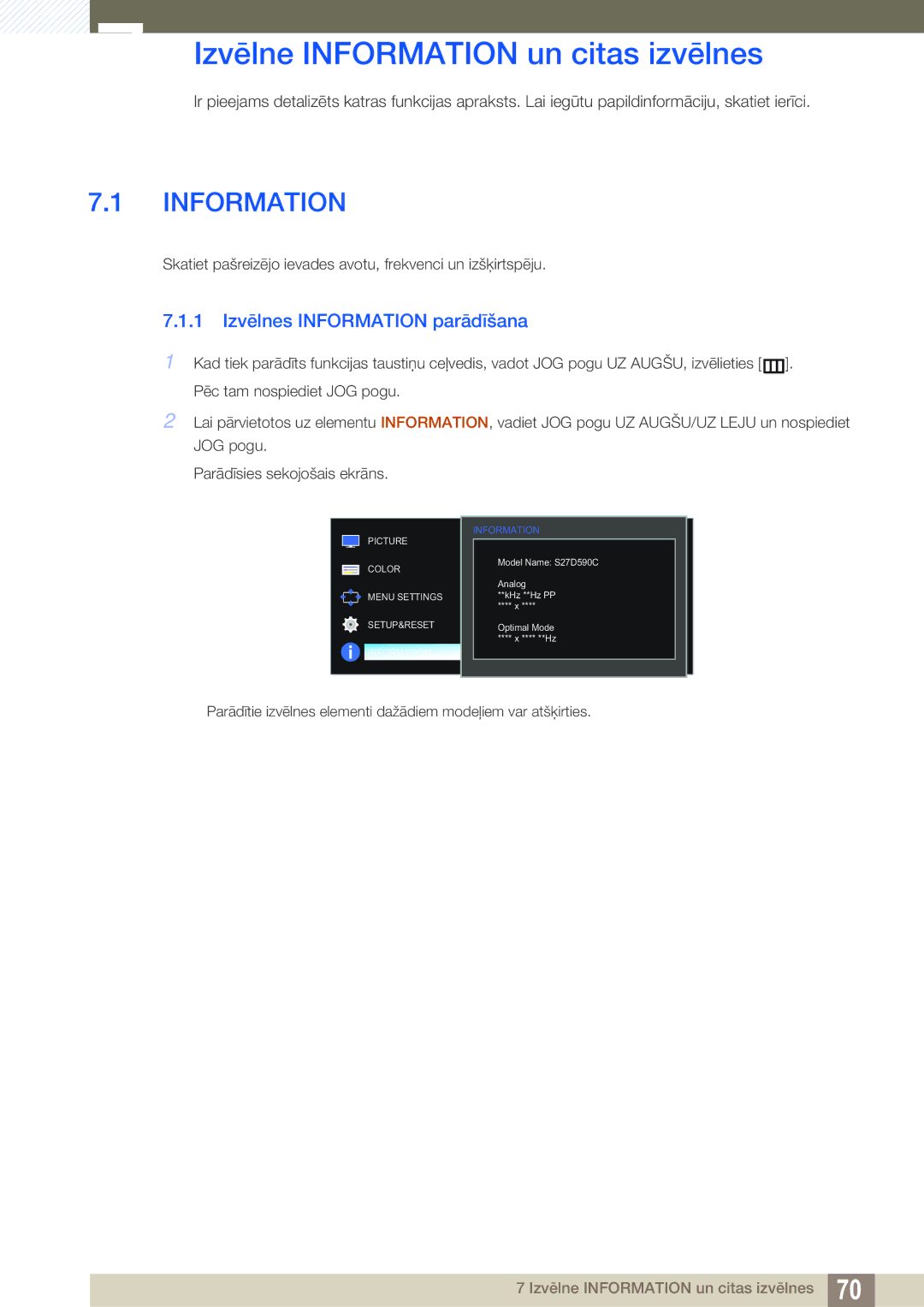 Samsung LS27D590CS/EN manual Izvēlne Information un citas izvēlnes, 1 Izvēlnes Information parādīšana 