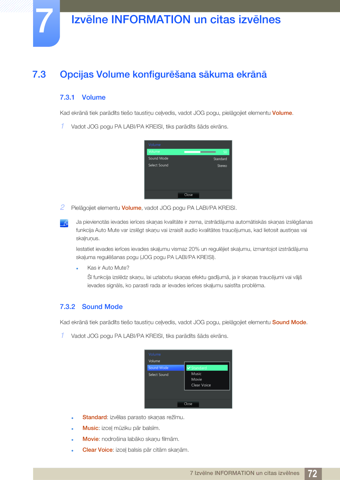 Samsung LS27D590CS/EN manual Opcijas Volume konfigurēšana sākuma ekrānā, Sound Mode 