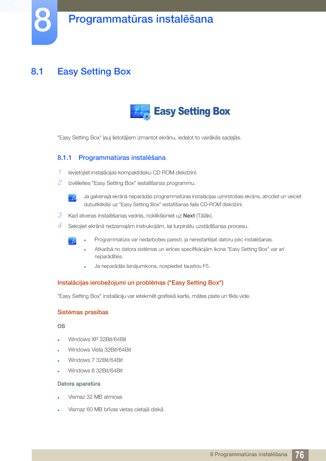 Samsung LS27D590CS/EN manual Programmatūras instalēšana, Easy Setting Box, Sistēmas prasības 