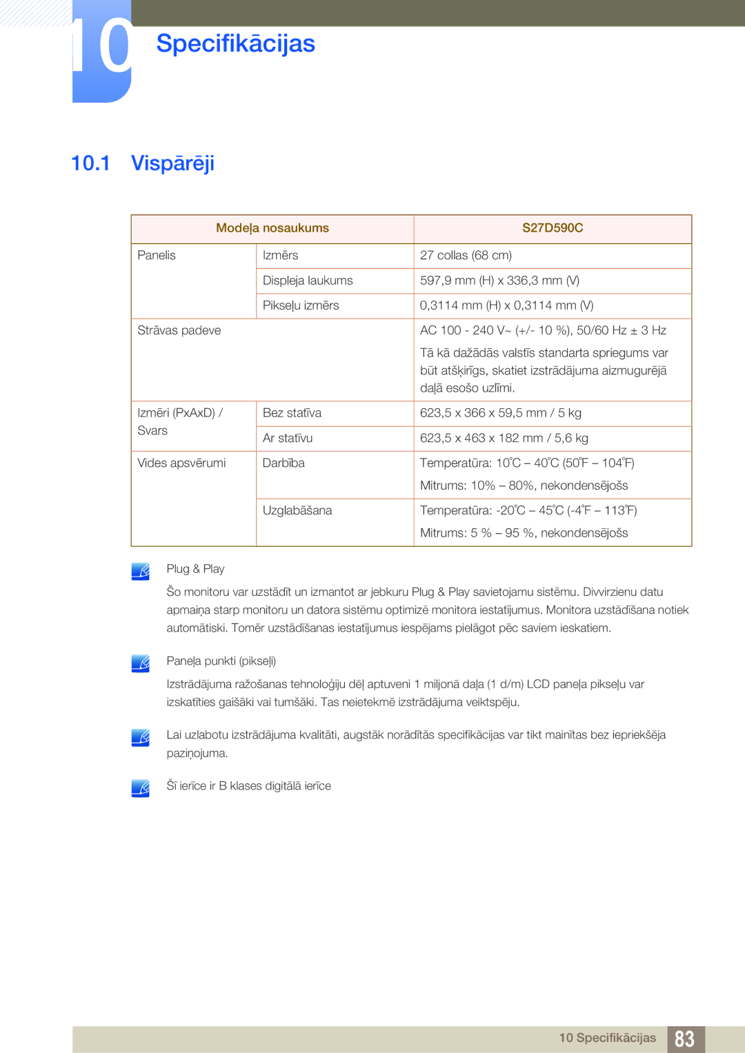 Samsung LS27D590CS/EN manual Specifikācijas, Vispārēji 