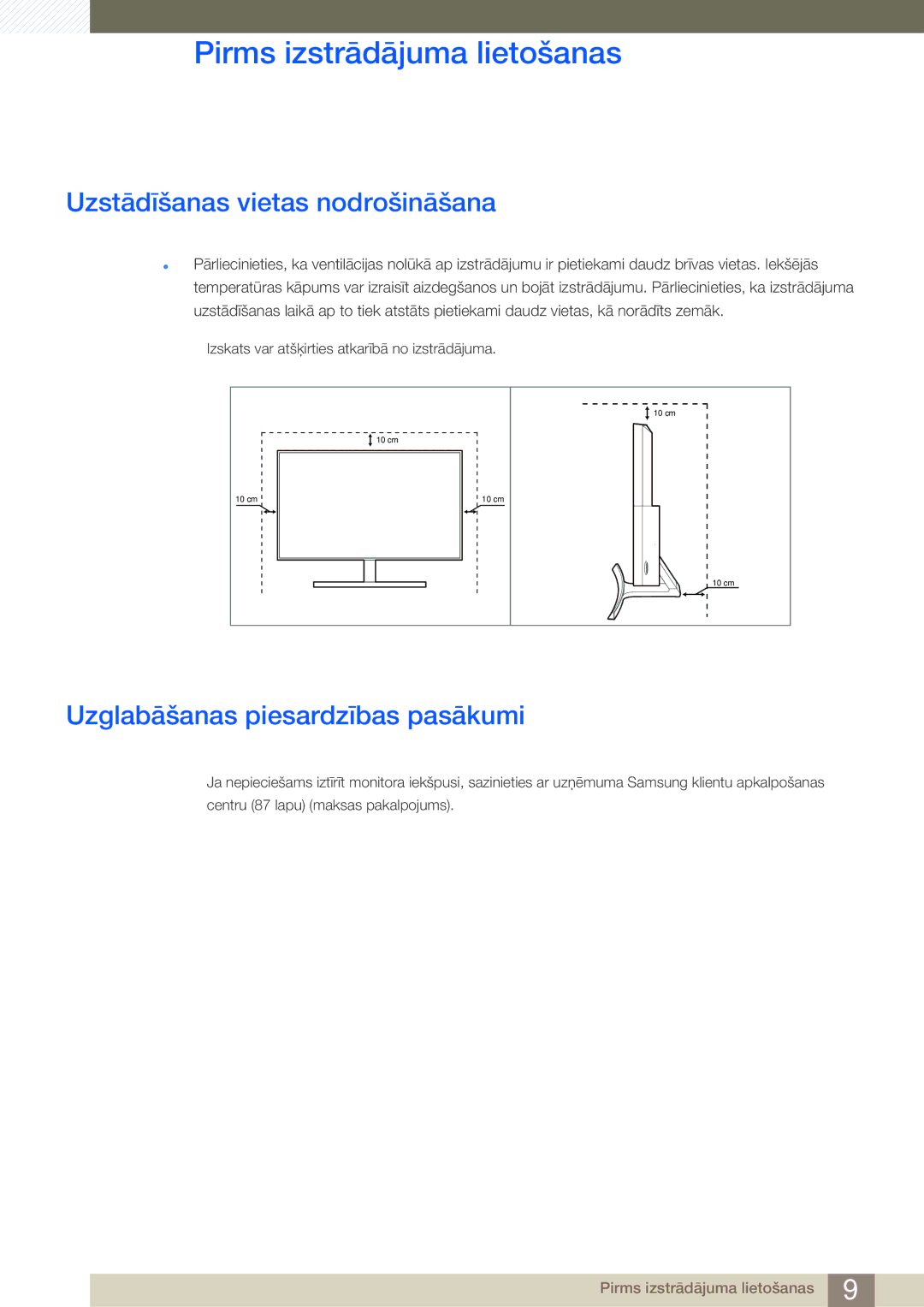 Samsung LS27D590CS/EN manual Uzstādīšanas vietas nodrošināšana, Uzglabāšanas piesardzības pasākumi 