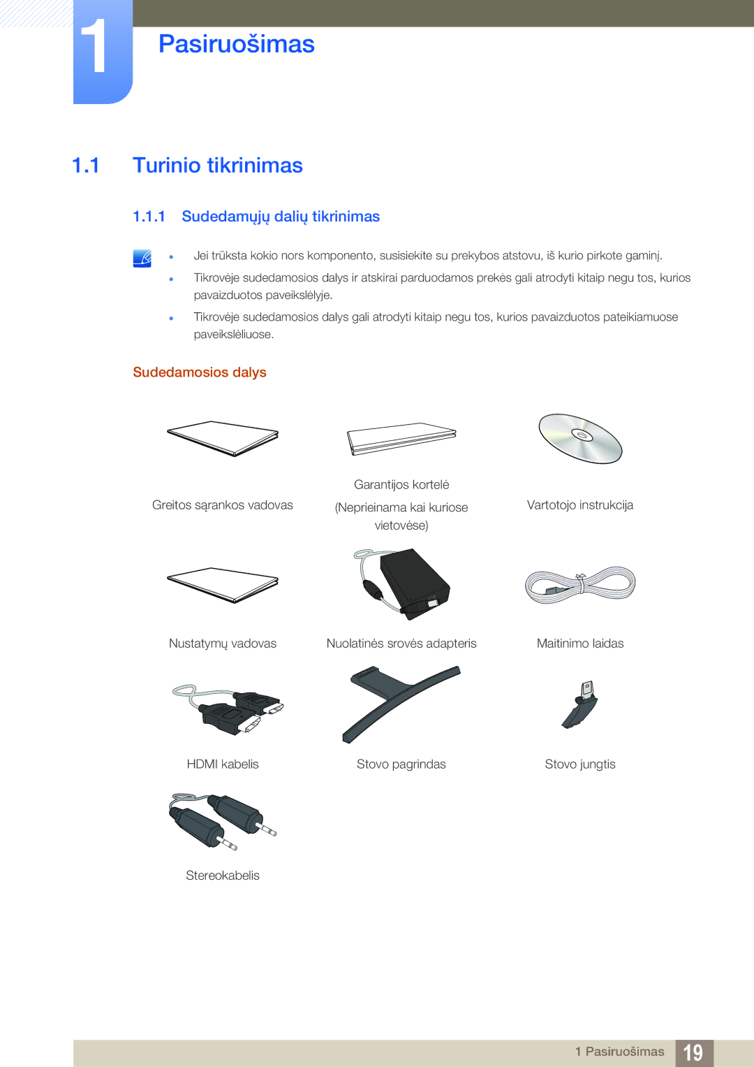 Samsung LS27D590CS/EN manual Pasiruošimas, Turinio tikrinimas, Sudedamųjų dalių tikrinimas, Sudedamosios dalys 