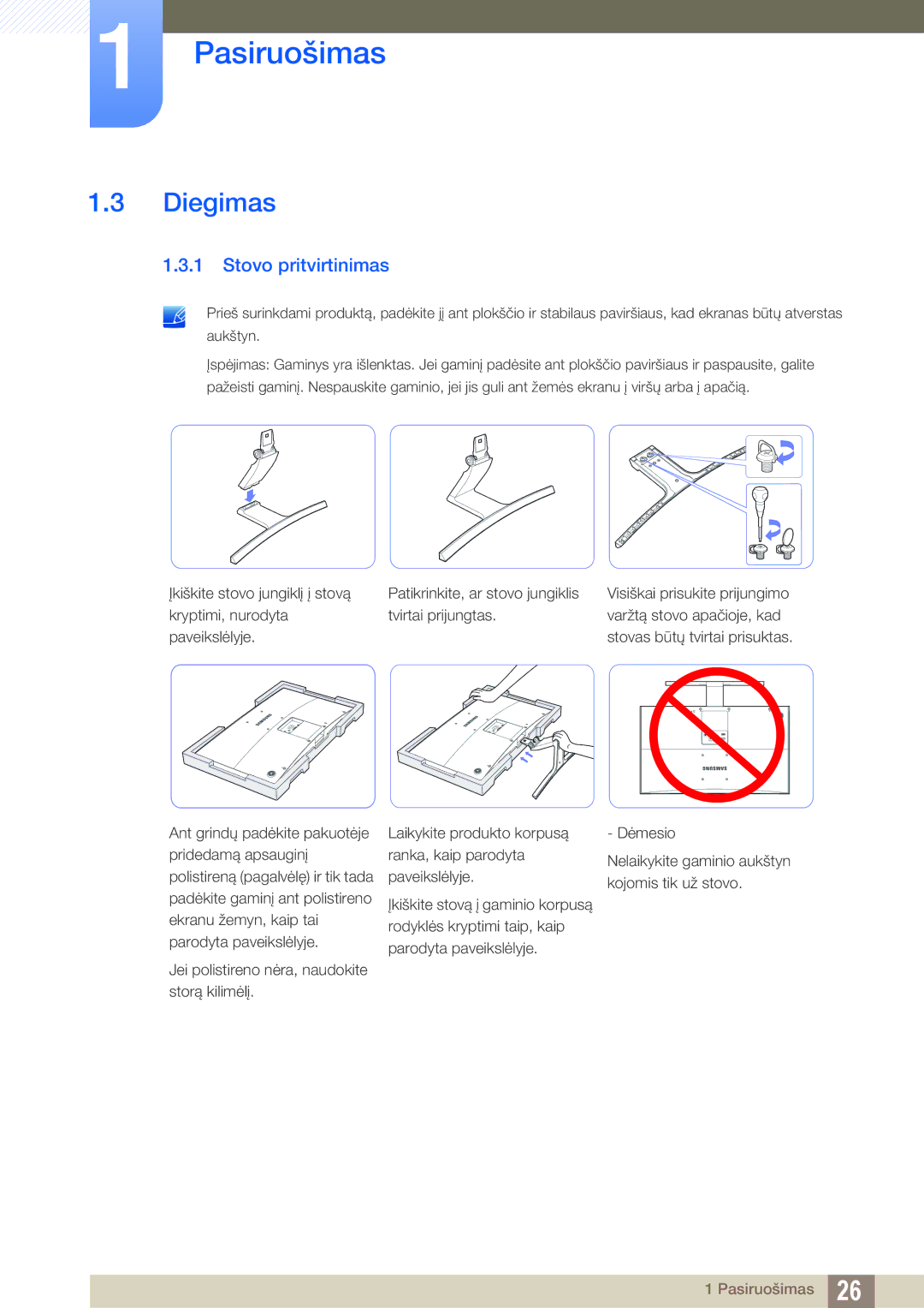 Samsung LS27D590CS/EN manual Diegimas, Stovo pritvirtinimas 