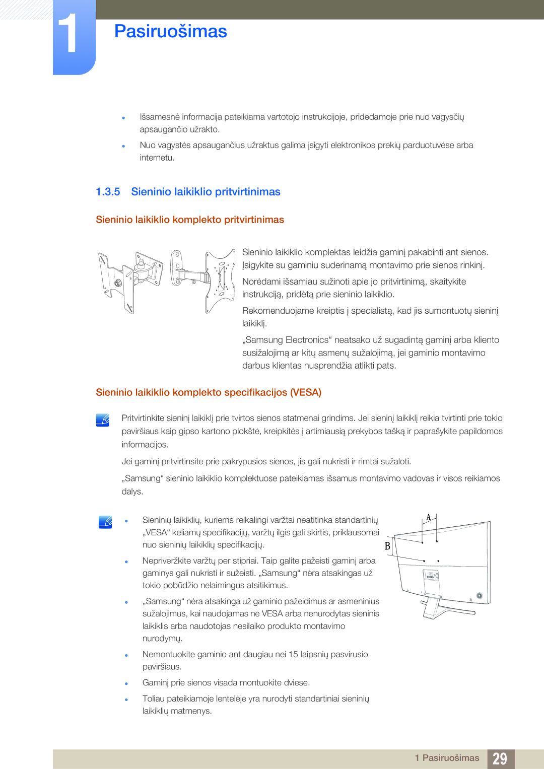 Samsung LS27D590CS/EN manual Sieninio laikiklio pritvirtinimas, Sieninio laikiklio komplekto pritvirtinimas 