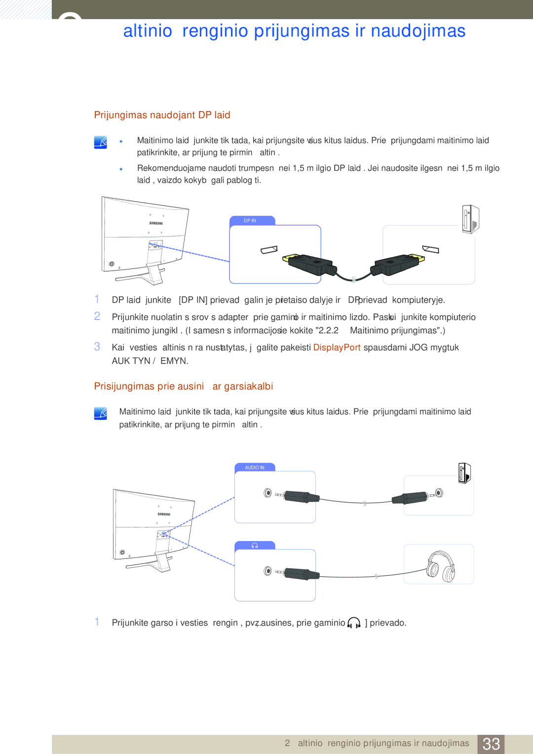 Samsung LS27D590CS/EN manual Prijungimas naudojant DP laidą, Prisijungimas prie ausinių ar garsiakalbių 