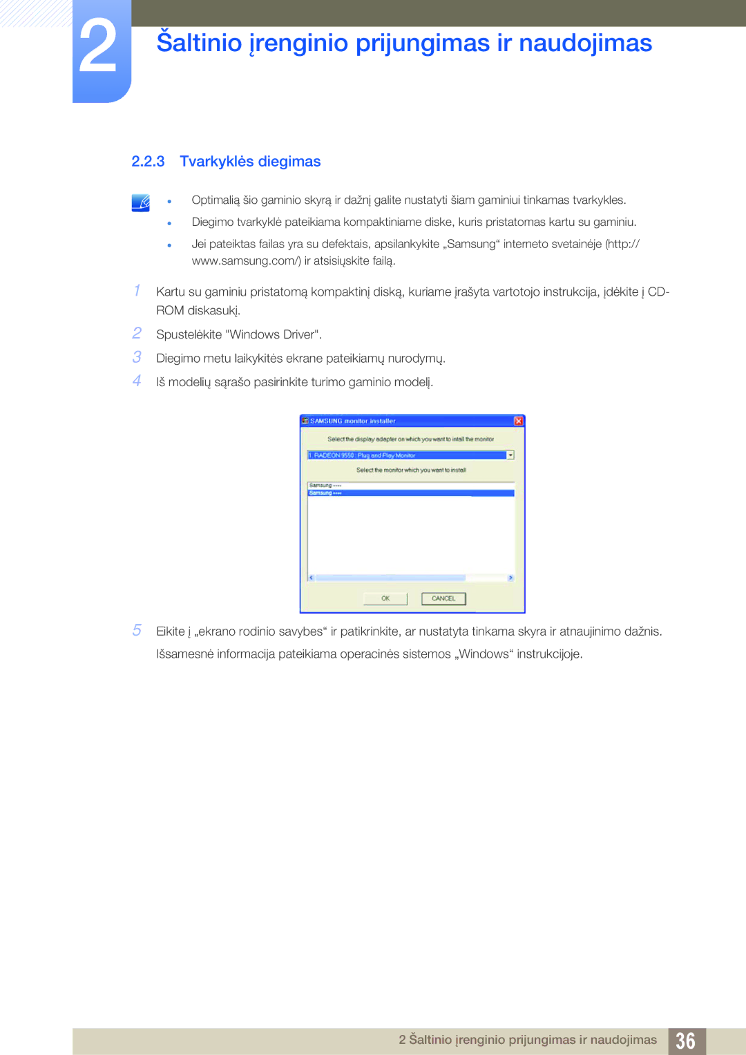 Samsung LS27D590CS/EN manual Tvarkyklės diegimas 