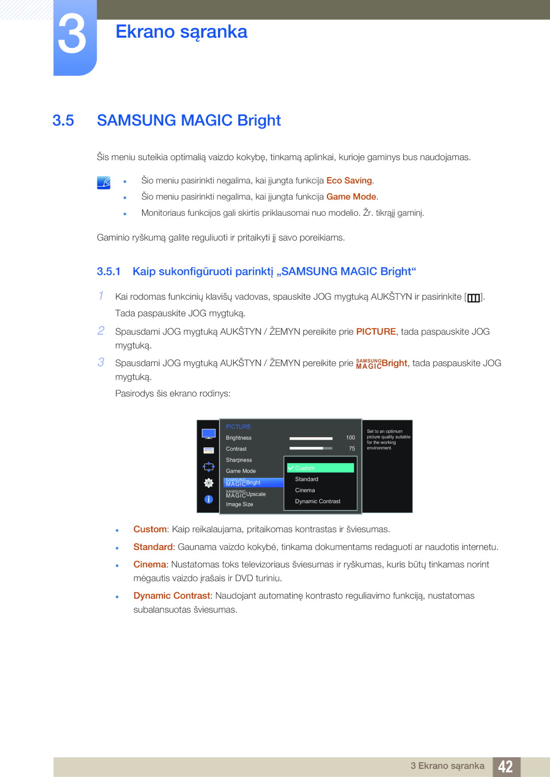 Samsung LS27D590CS/EN manual Samsung Magic Bright, Kaip sukonfigūruoti parinktį „SAMSUNG Magic Bright 