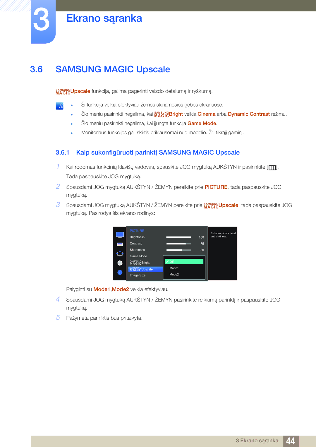 Samsung LS27D590CS/EN manual Kaip sukonfigūruoti parinktį Samsung Magic Upscale 