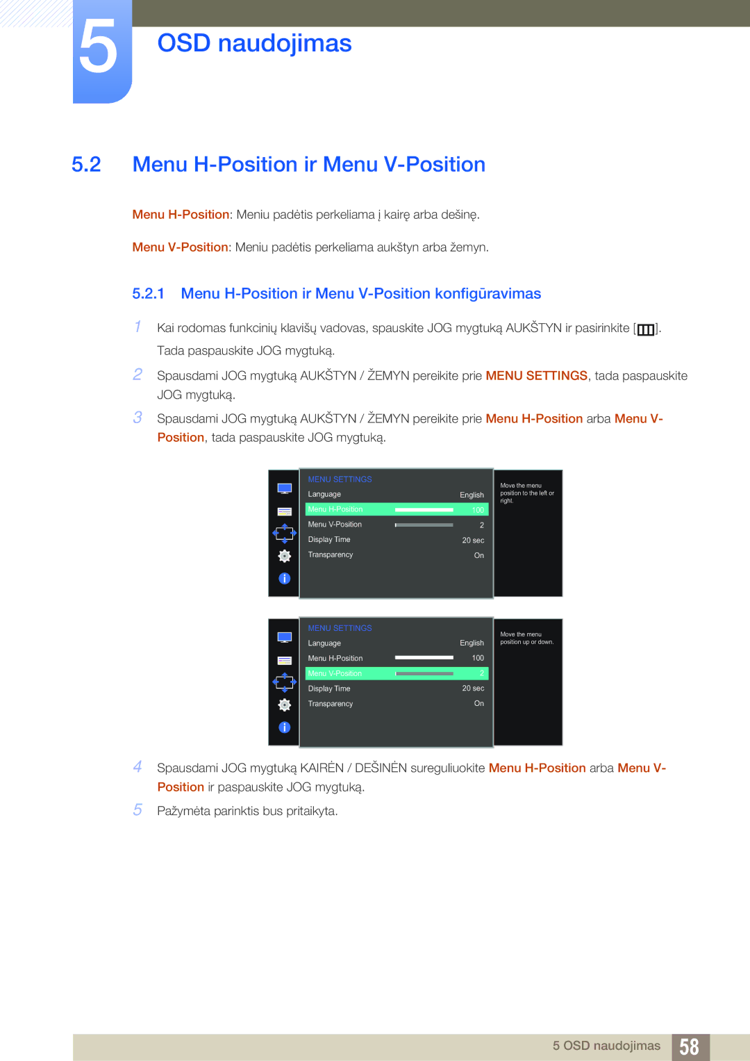 Samsung LS27D590CS/EN manual Menu H-Position ir Menu V-Position konfigūravimas 