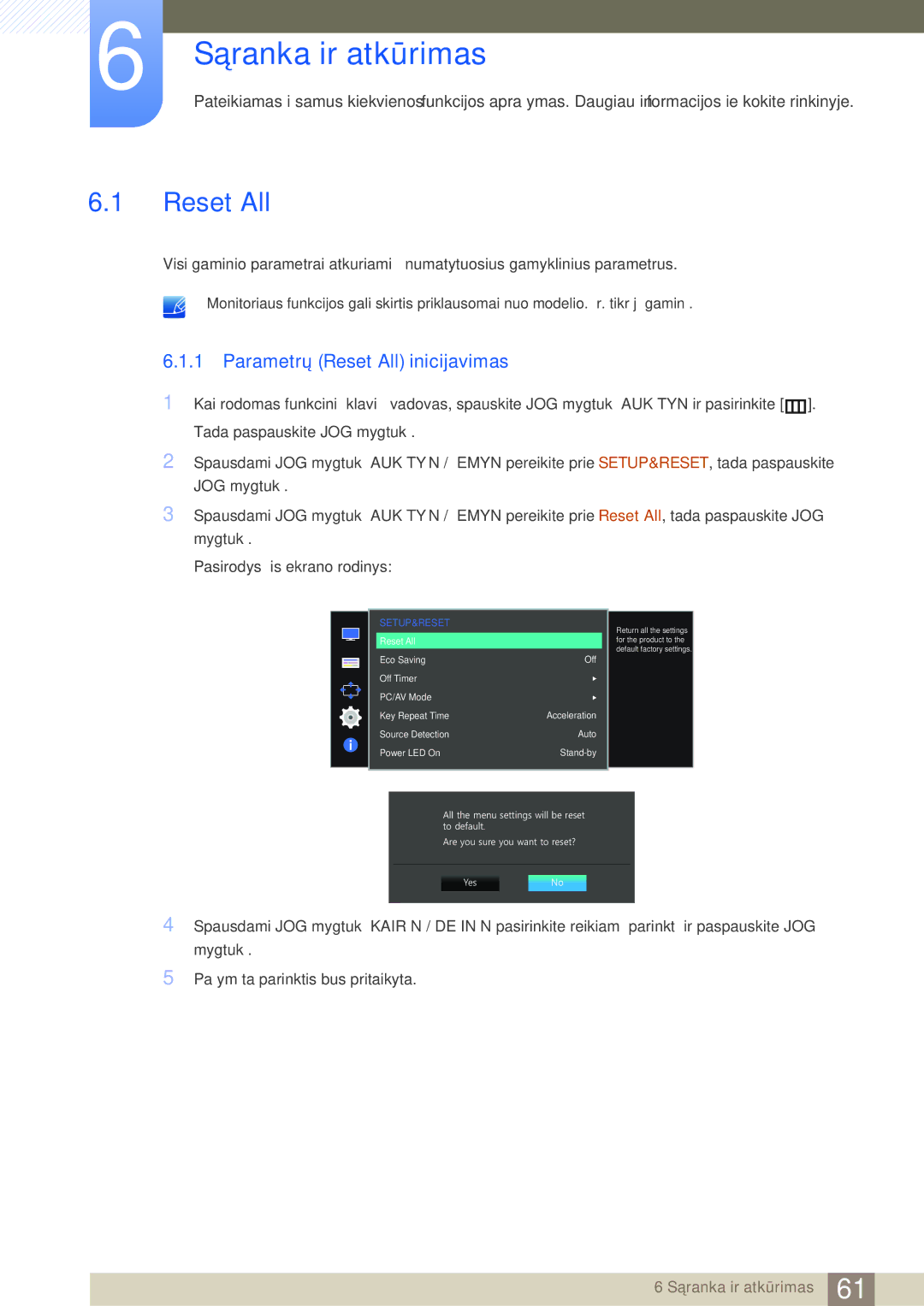 Samsung LS27D590CS/EN manual Sąranka ir atkūrimas, Parametrų Reset All inicijavimas 