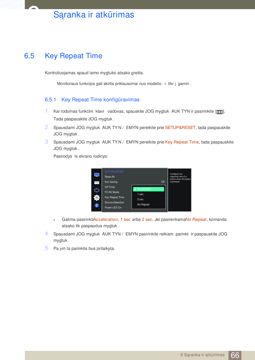 Samsung LS27D590CS/EN manual Key Repeat Time konfigūravimas 