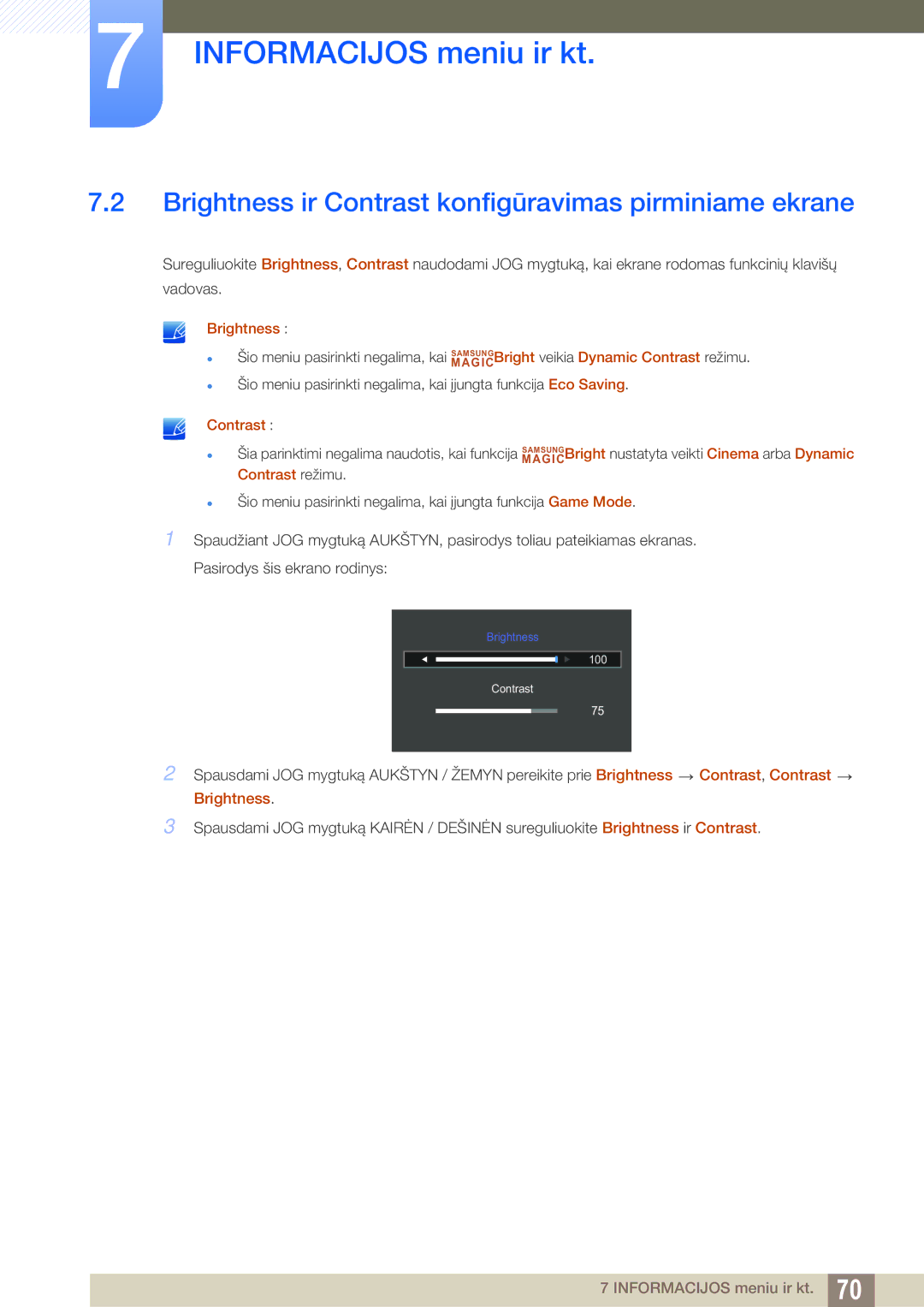 Samsung LS27D590CS/EN manual Brightness ir Contrast konfigūravimas pirminiame ekrane 