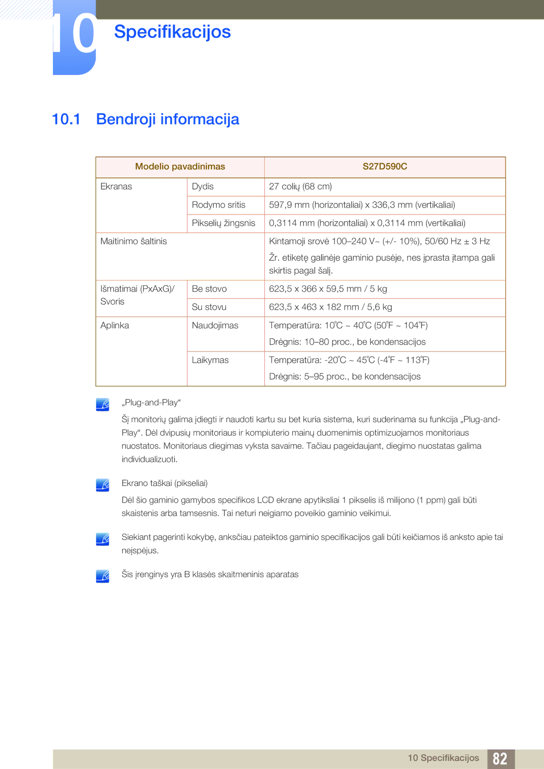 Samsung LS27D590CS/EN manual Specifikacijos, Bendroji informacija 