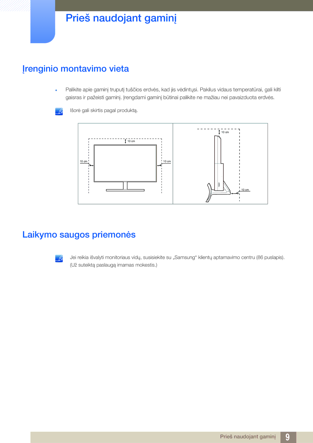 Samsung LS27D590CS/EN manual Įrenginio montavimo vieta, Laikymo saugos priemonės 