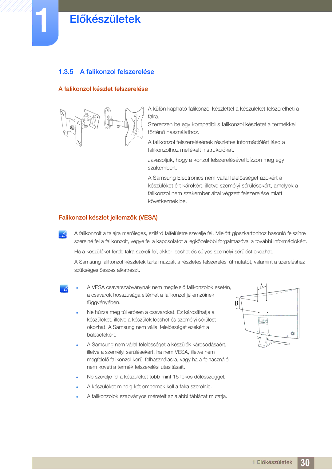 Samsung LS27D590CS/EN manual Falikonzol felszerelése, Falikonzol készlet felszerelése, Falikonzol készlet jellemzők Vesa 