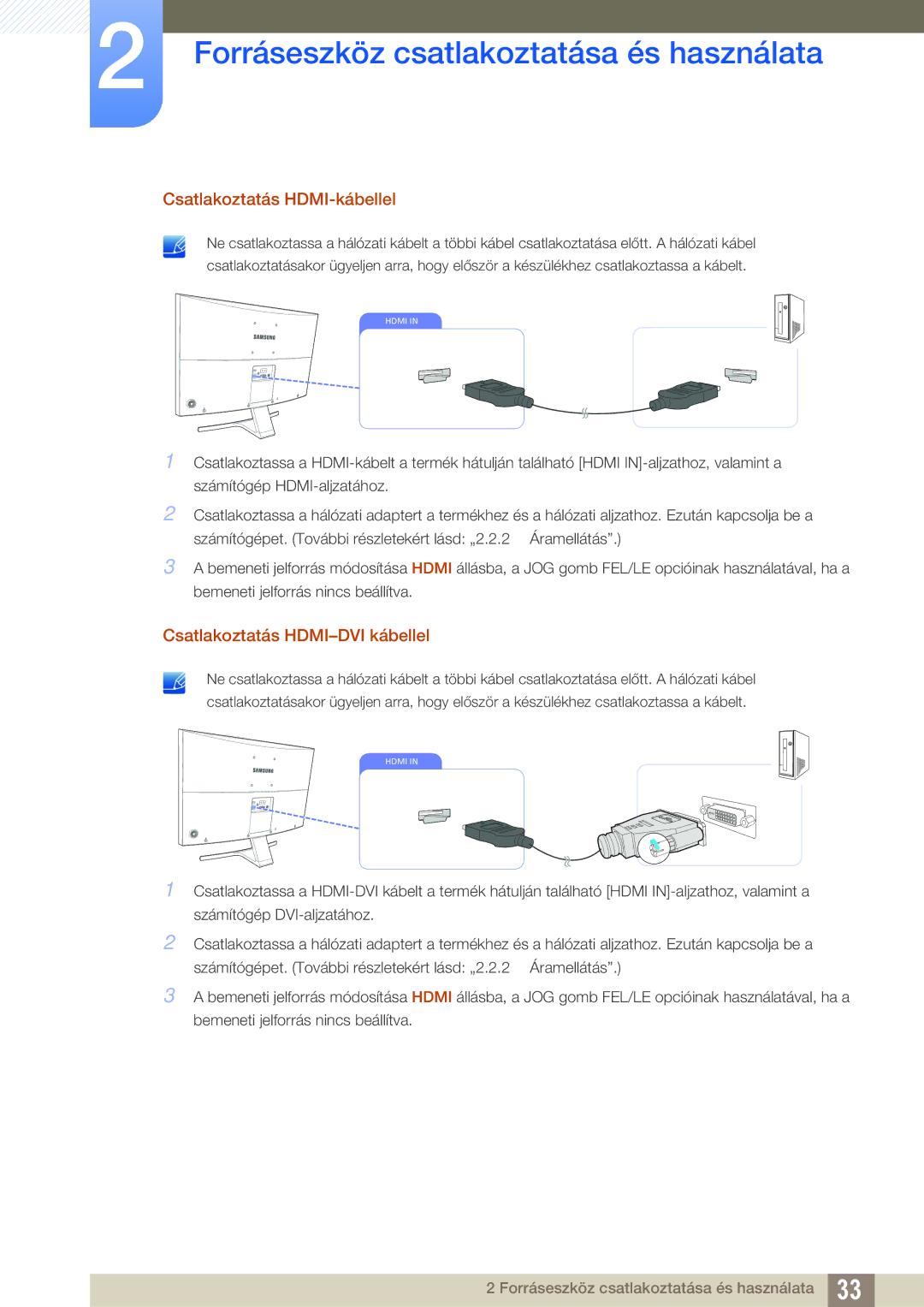 Samsung LS27D590CS/EN manual Csatlakoztatás HDMI-kábellel, Csatlakoztatás HDMI-DVI kábellel 