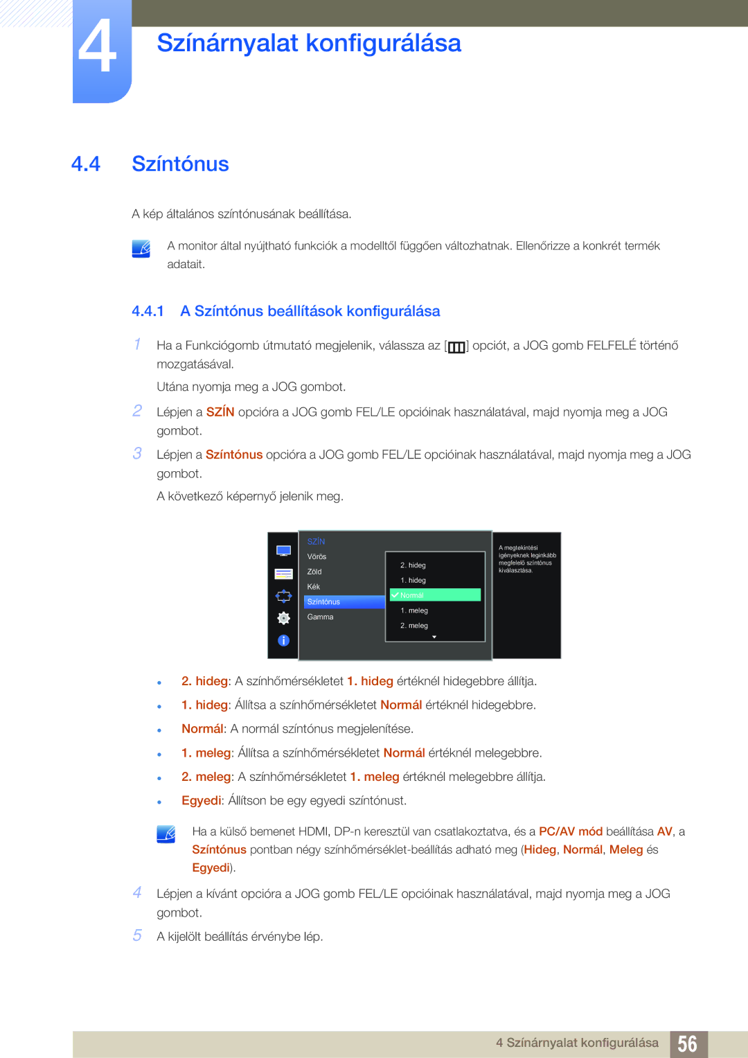 Samsung LS27D590CS/EN manual Színtónus beállítások konfigurálása 