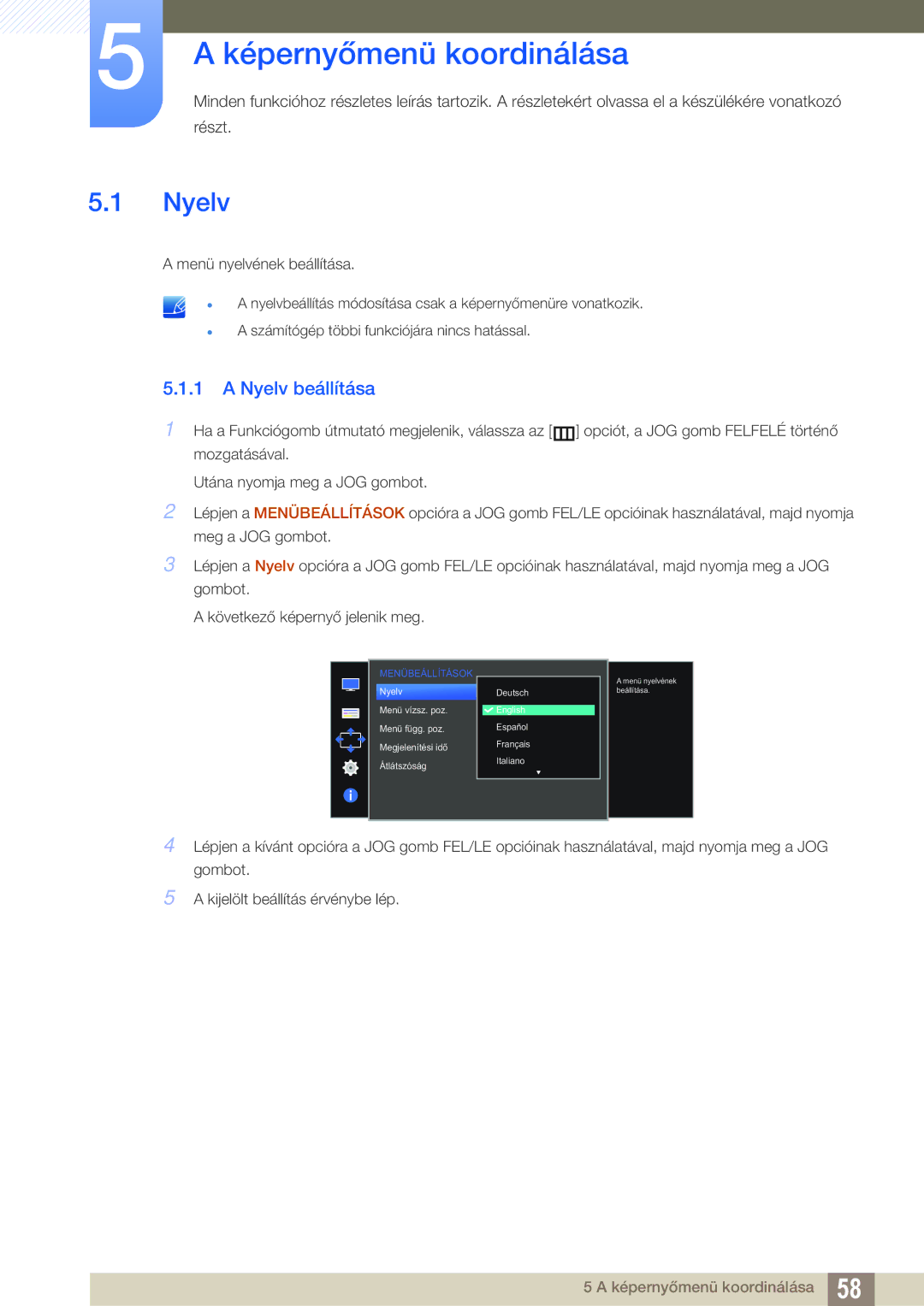 Samsung LS27D590CS/EN manual Képernyőmenü koordinálása, Nyelv beállítása 