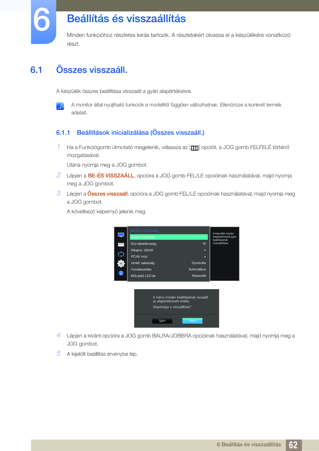 Samsung LS27D590CS/EN manual Beállítás és visszaállítás, 1 Beállítások inicializálása Összes visszaáll 