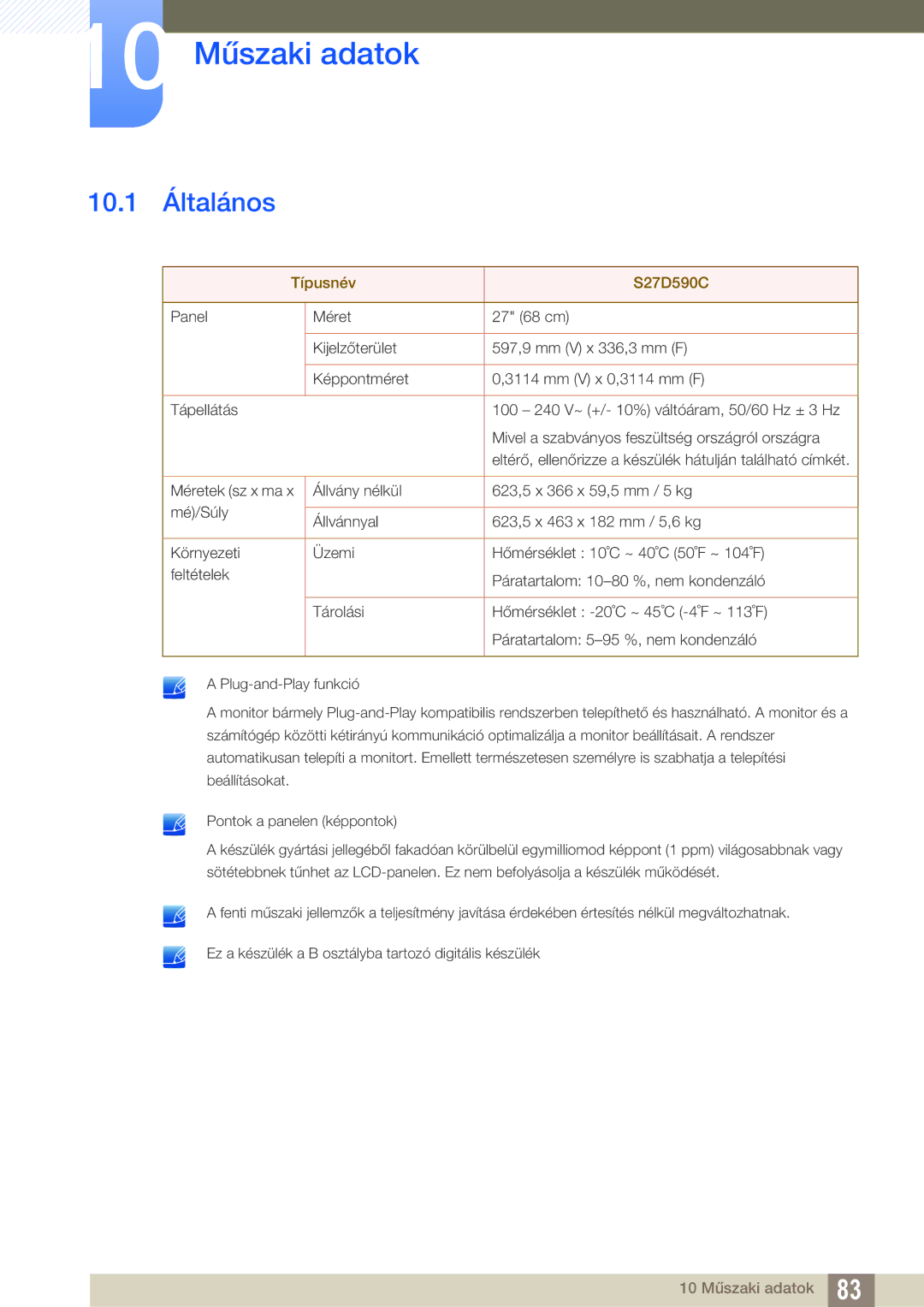 Samsung LS27D590CS/EN manual 10 Műszaki adatok, 10.1 Általános 