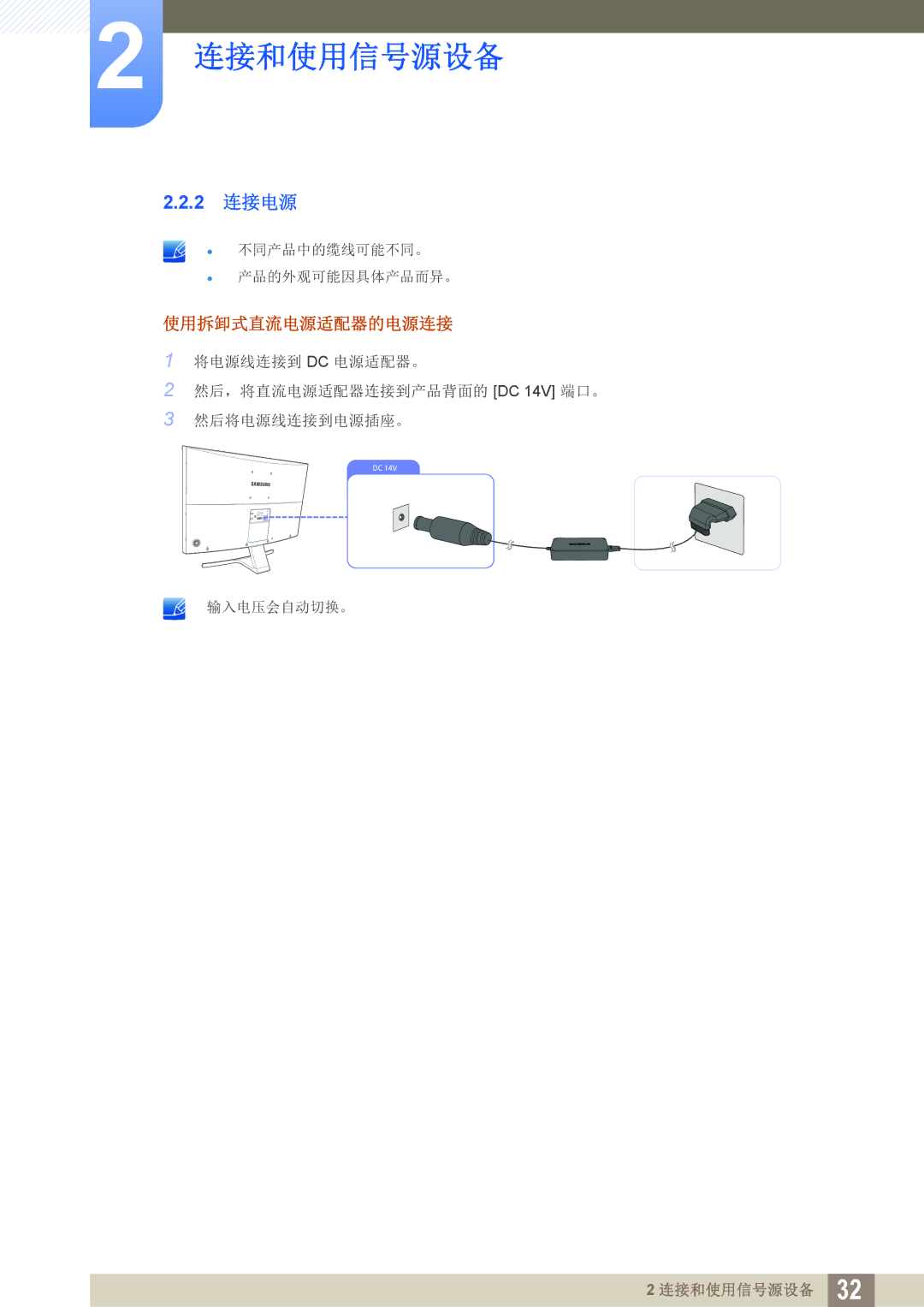 Samsung LS27D590CS/EN manual 2 连接电源, 使用拆卸式直流电源适配器的电源连接 