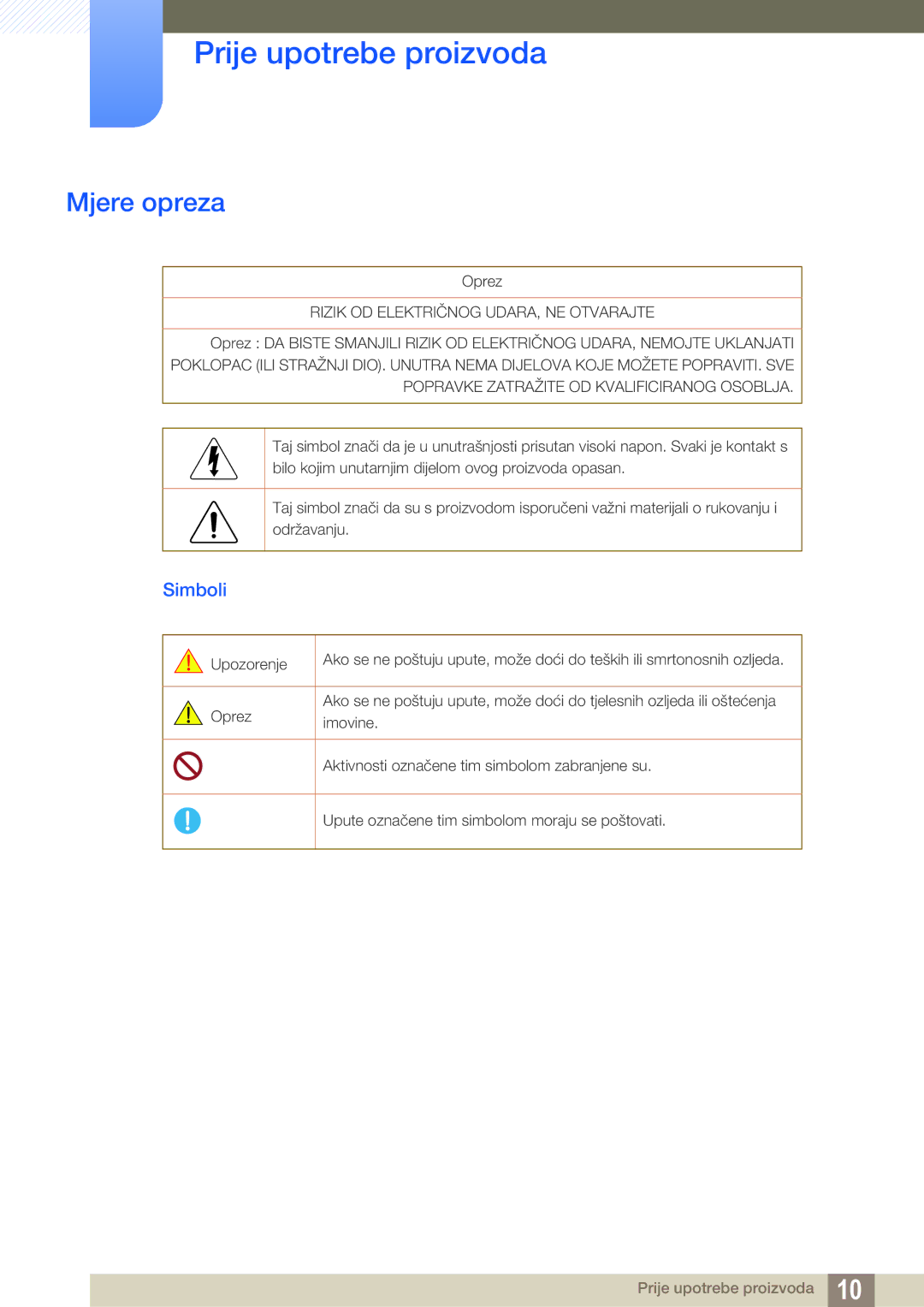 Samsung LS27D590CS/EN manual Mjere opreza, Simboli 