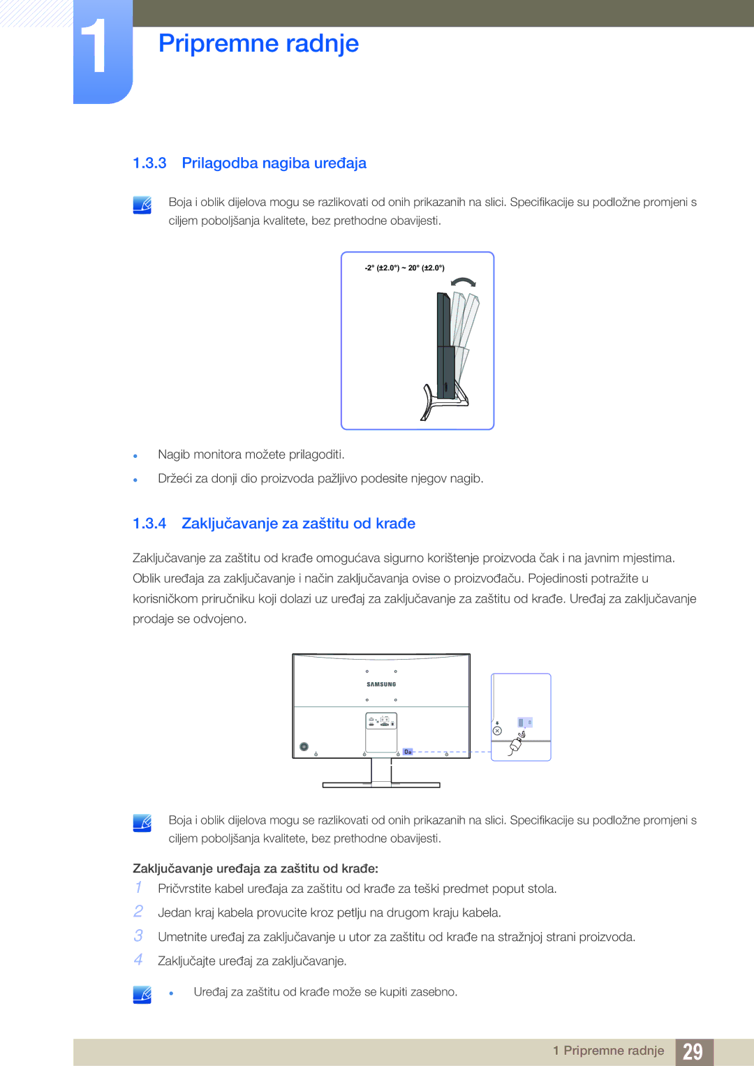 Samsung LS27D590CS/EN manual Prilagodba nagiba uređaja, Zaključavanje za zaštitu od krađe 