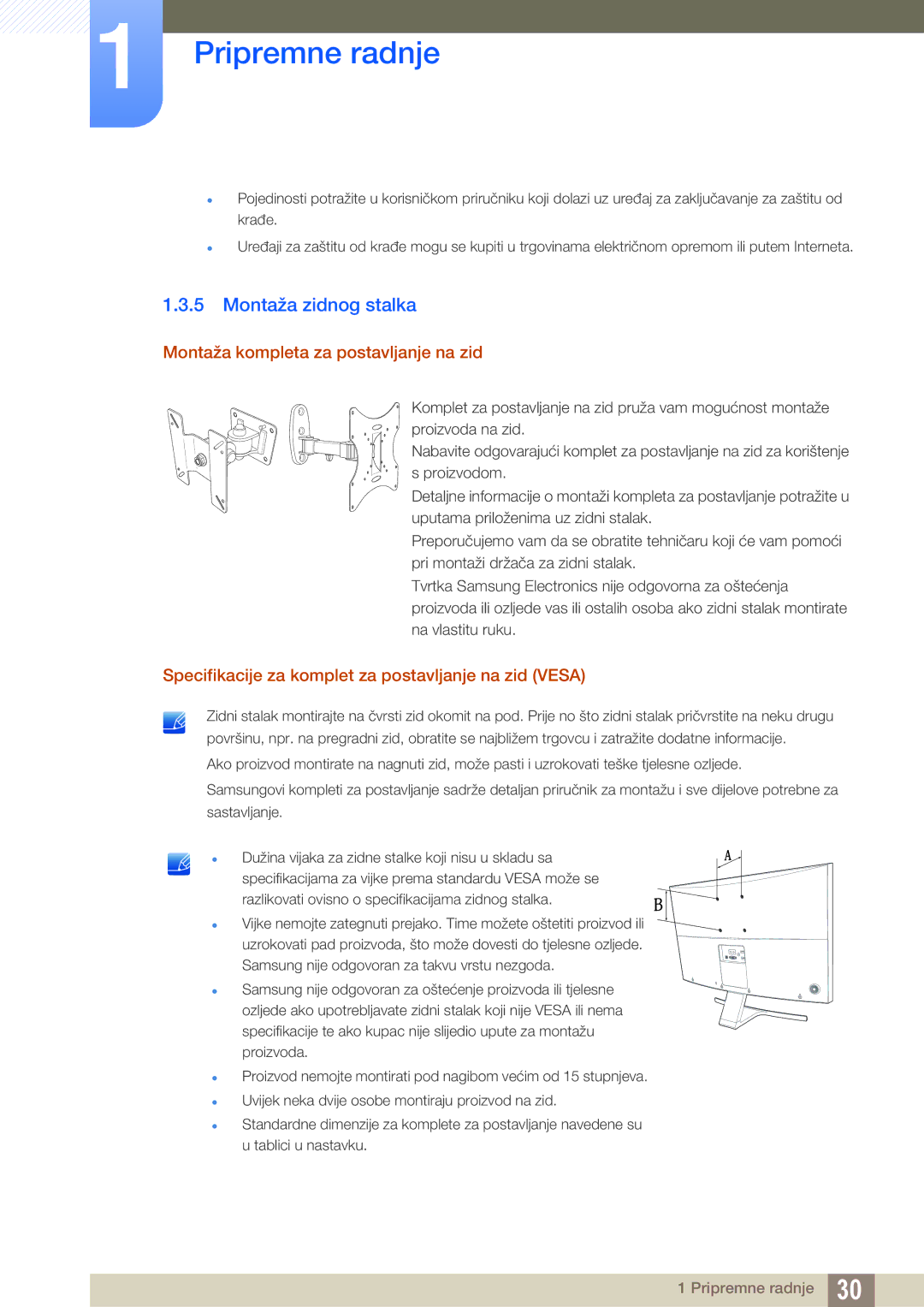 Samsung LS27D590CS/EN manual Montaža zidnog stalka, Montaža kompleta za postavljanje na zid 