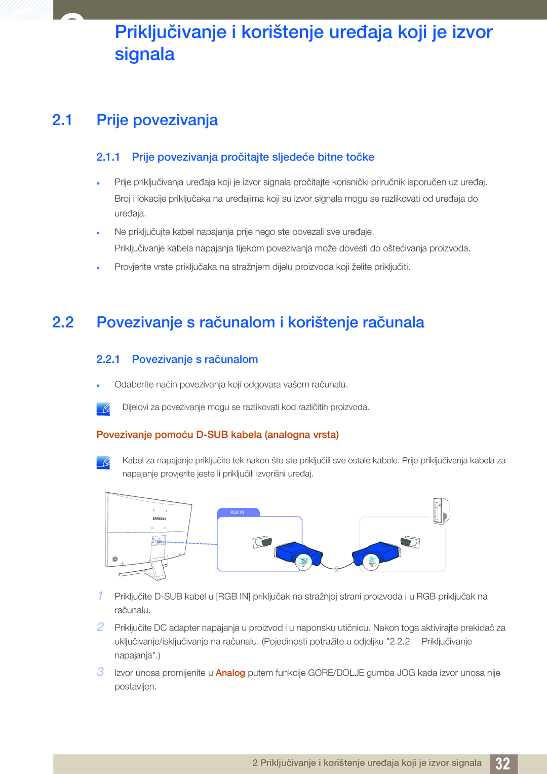 Samsung LS27D590CS/EN Priključivanjesignala i korištenje uređaja koji je izvor, Prije povezivanja, Povezivanje s računalom 